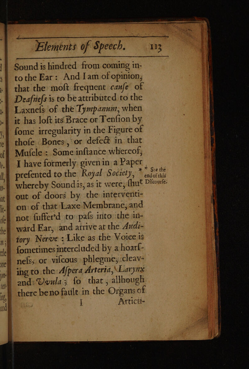 - Sound is hindred from coming 1n- «ft tothe Ear: And Iam of opinion, 1 that the moft frequent canfe of | Deafrefs is to be attributed to the wf Laxnefs of the Tympanum; when 1 it has loft its Brace or Tenfion by y,§ fome irregularity in the Figure of ef thofe Bones-,\or defec&amp; in that ff Mufele ; Some inftance whiereof; ).. I have formerly: givenin a Paper | prefented to the Royal Soczety, TE ie 1... whereby Soundis, as it were, fhut Dio’ | out of doors by the interventi- ts on: of that Iuaxe Membrane, and ~f not fuffer’d to: pafs into: the an- | ward Ear, and arrive at the Audi- § tory Nerve: Like as the Voice is | fometimesintercluded by a hoarf- nefs; or vilcous phlegme, cleav- nem me5.:¢ it ihg to.the Afpera Arteria, Larynx gt and: Goula; fo that , allhough iy) there beno fauilt in the Organs of &amp; ll ind ' Abe | hi q j Airtic te