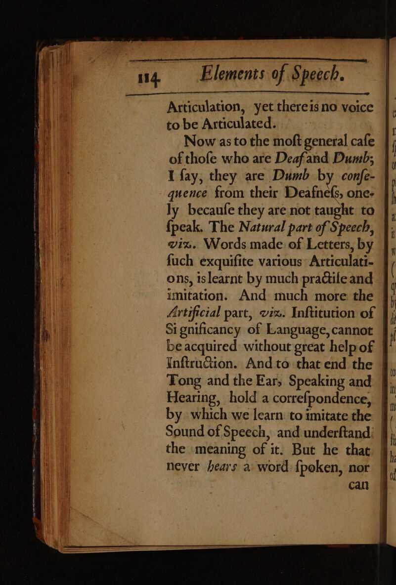 Articulation, yet thereisno voice to be Articulated. of thofe who are Deafand Dumb; quence from their Deafnefs, one- {peak. The Natural part of Speech, Tong and the Ear, Speaking and Hearing, hold a correfpondence, by which we learn to imitate the Sound of Speech, and underftand; the meaning of it. But he that never hears a word {peken, nor can = Ee —— ca — ——. a a - a