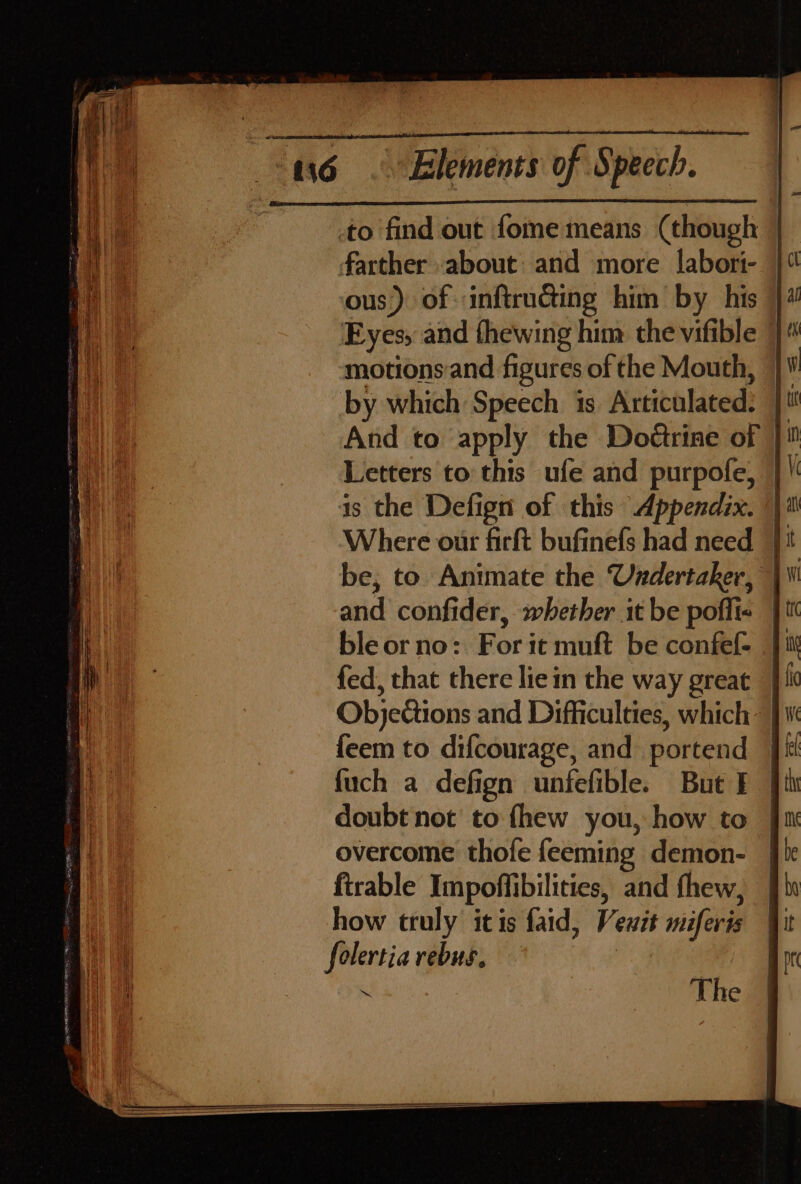 farther about: and more labori- ous) of inftrudting him by his Eyes, and fhewing him the vifible } motions and figures of the Mouth, | by which Speech is Articulated. i And to apply the Doditrine of | Letters to this ufe and purpofe, |! is the Defign of this Appendix. || Where our firft bufinefs had need | be, to Animate the Undertaker, | and confider, whether it be pofli&lt; | ble or no: For it muft be confef- fed, that there lien the way great Objections and Difficulties, which - feem to difcourage, and portend fuch a defign unfefible. But I doubt not’ to fhew you, how to overcome thofe feeming demon- firable Impoffibilities, and thew, how truly itis faid, Veuit miferis folertia rebus. The