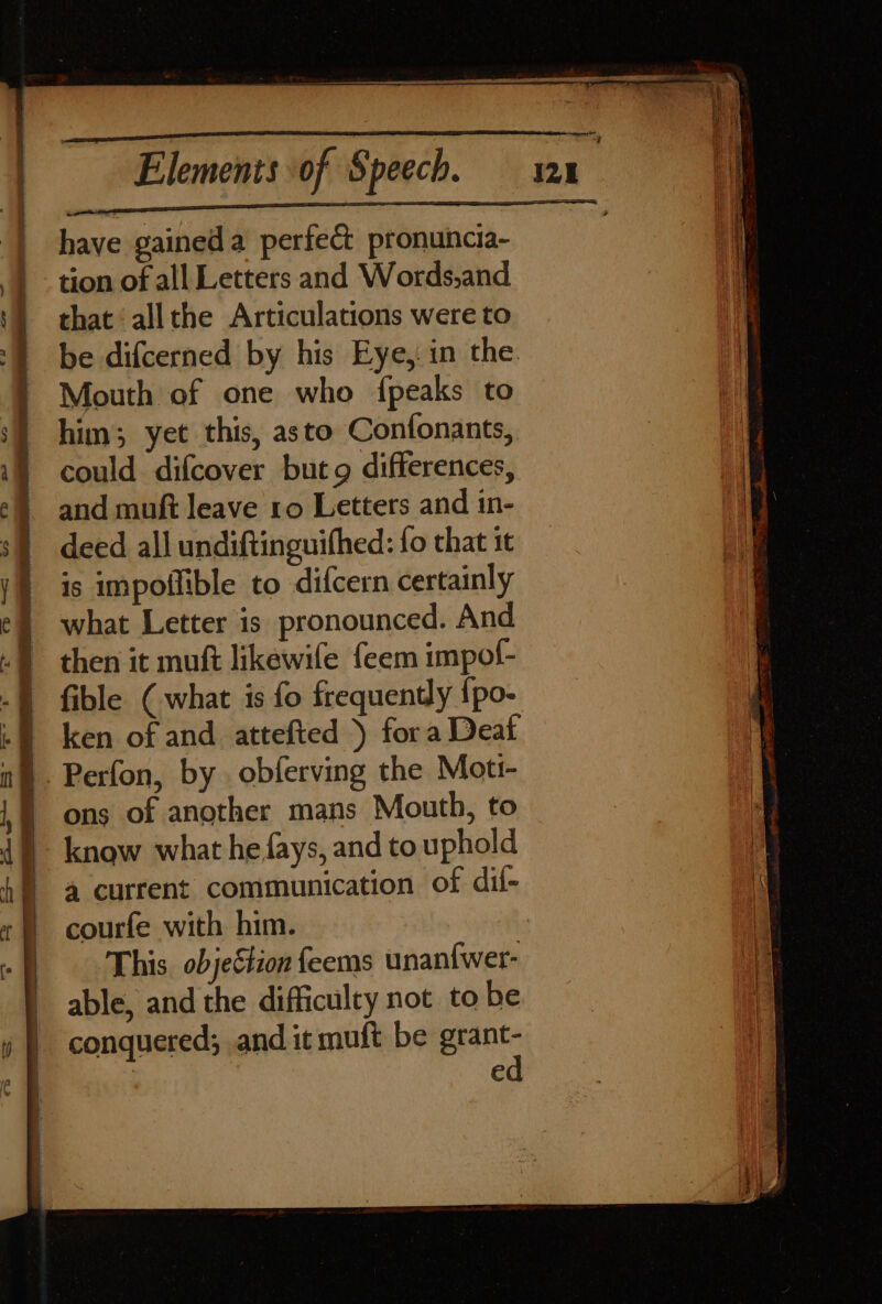 Sass i. lila tt li Elements of Speech. 2x Lele LE LA have gained a perfect pronuncia- } tion of all Letters and Words,and ‘) that ‘allthe Articulations were to be difcerned by his Eye,.in the Mouth of one who {peaks to him; yet this, ato Confonants, could difcover but 9 differences, | and muft leave ro Letters and in- . deed all undiftinguifhed: fo that it t is impoflible to difcern certainly | what Letter is pronounced. And ; then it muft likewife feem impof- -§ fible (what is fo frequently {po- .§ ken of and attefted ) fora Deaf Perfon, by obferving the Moti- ons of another mans Mouth, to 4§- know what he fays, and to uphold h® a current communication of dil- courfe with him. This. objettion feems unan{wer- able, and the difficulty not to be conquered; and it muft be grant- : ed