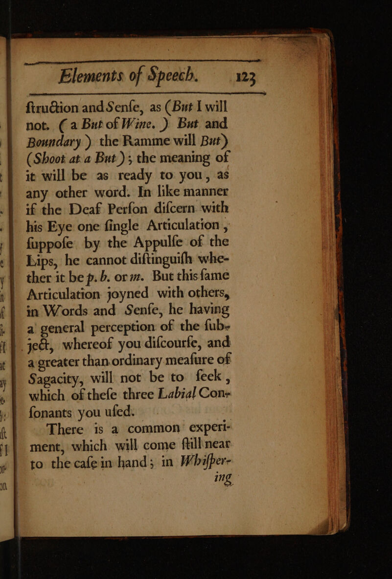 not. (a Butot Wine. ) But and Boundary ) the Ramme will But) (Shoot at a But.) the meaning of it will be as ready to you, as any other word. In like manner .} if the Deaf Perfon difcern. with .} his Eye one fingle Articulation , | fuppofe by the Appulle of the | Lips, he cannot diftinguifh whe- | therit be p.b. orm. But thisfame i | Articulation joyned with others, | in Words and Senfe, he having . | a general perception of the fub- 1} jet, whereof you difcourfe, and | agreater than ordinary meafure of | Sagacity, will not be to feck, “| which of thefe three Labial Cone .} fonants you uled. |. There is a common experi- | ment, which will come ftillnear to the cafein hand; in Whifper- | ing