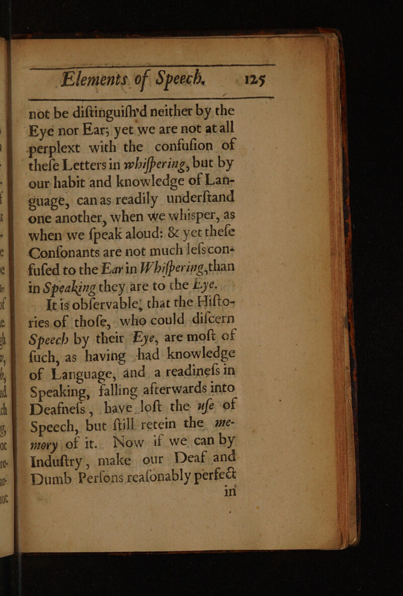 Speech, 1 Eye nor Ear; yet we are not atall perplext with the confufion of thefe Letters in whifpering, but by our habit and knowledge of Lan- guage, canas readily underftand one another, when we whisper, as when we {peak aloud: &amp; yet thele Confonants are not much lefscon- fufed to the Ear'in Whifpering,than in Speaking they are to the Eye, It is obfervable; that the Hifto- ries of thofe, who could dilcern Speech by their Eye, are moft of fuch, as having -had knowledge of Language, and a readinefs in Speaking, falling afterwards into Deafnels, have loft the wfe of Speech, but ftill retein the me- mory of it. Now if we can by Induftry, make our Deaf and Dumb Perfons reafonably perfect