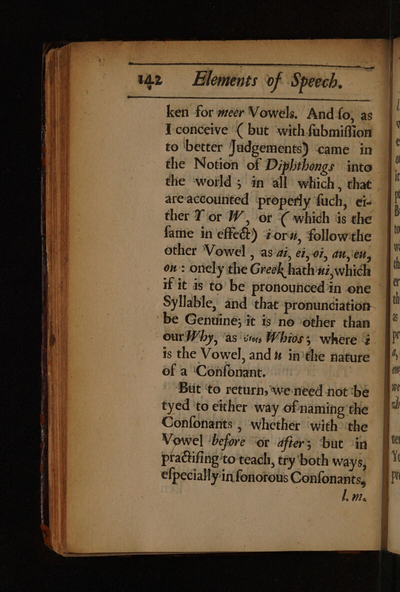 ken for meer Vowels. And fo, as I-conceive ( but withfubmifion to ‘better Judgements) came in the Notion of Diphthongs into the ‘world 5 in all which, that are-accounted properly fuch, ei- ther Y or W, or ( which iis the fame in effect) zorw, followthe other Vowel , as-ai, ei,.07, an, et, on: onely the Greek hath'nz,which if it is to be pronounced in one Syllable, and ‘that pronunciation- be Genuine; it is no other than ourWhy, ‘as ‘ites Whios, where @ is the Vowel, and # im the nature of a ‘Confonant. ‘But ‘to return,‘weneed-not‘be | tyed ‘to either way ofnaming’the » | Confonants , whether with ‘the Vowel ‘before ‘or after; ‘but in practifing'to teach, try both ways, efpecially'in fonorous Confonants, L071.