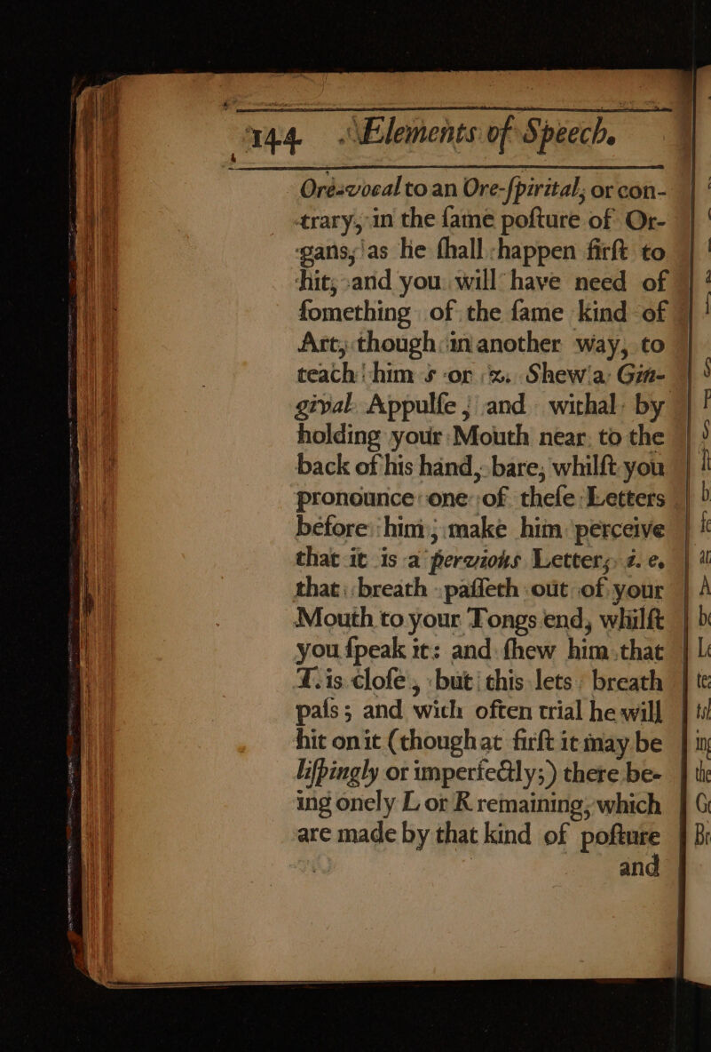 - Oréavocaltoan Ore-{pirital; or con- trary, in the fame pofture of Or- gans;'as he hall -happen firft to— hit;and you. will have need of fomething of the fame kind of Art, though: imanother way, to teach him sor x, Shew'a Gin- gival. Appulfe ; and. withal: by holding your: Mouth near, to the |} back of his hand, bare, whilft you | pronounce: one of. thele Letters | before: him), make him ‘perceive that it is a perzions Letters 2. e that breath .pafieth out of your | Mouth to your Tongs end, wlilft | you {peak it: and fhew him.that | T.is clofe., but’ this lets. breath pais; and wich often trial he will | hit onit (thoughat firft icmay.be |}: lifpingly or imperieGly;) there be- | ing onely L or R remaining; which are made by that kind of poftnre — and