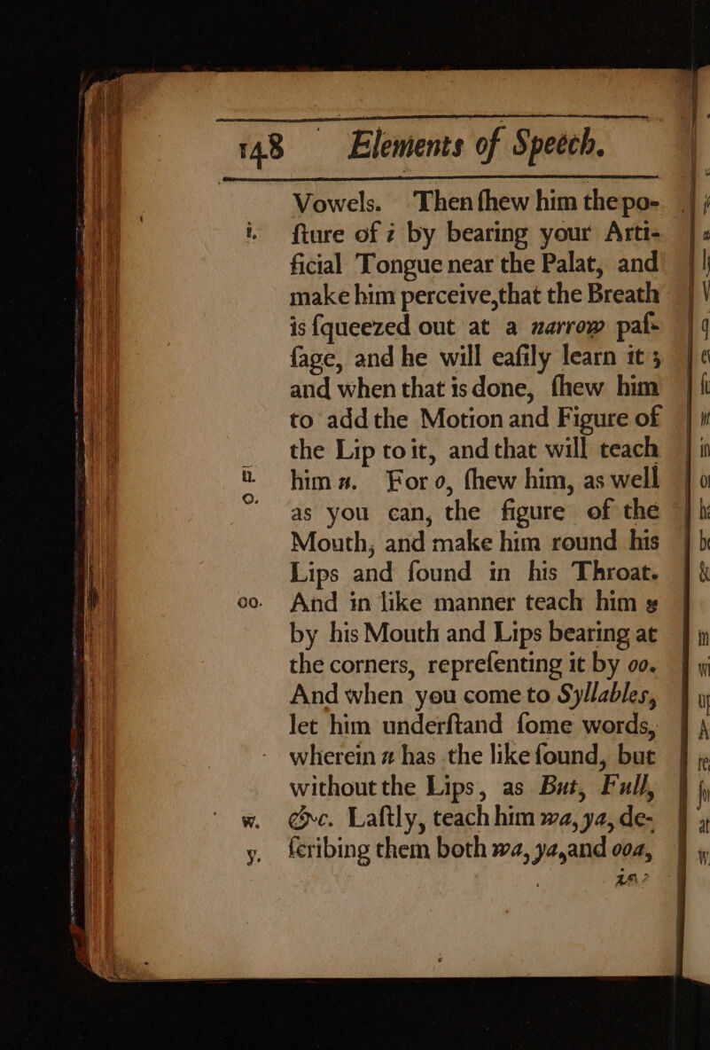 Vowels. Then fhew him the po- {ture of z by bearing your Arti- make him perceive, that the Breath is {queezed out at a narrow pal- fage, and he will eafily learn it and when that isdone, fhew him to addthe Motion and Figure of the Lip toit, and that will teach him. Foro, thew him, as well as you can, the figure of the Mouth, and make him round his Lips and found in his Throat. And in like manner teach him g by his Mouth and Lips bearing at the corners, reprefenting it by oo. And when you come to Syllables, let him underftand fome words, wherein # has the like found, but without the Lips, as But, Full, ee. Laftly, teach him wa, ya, de- 4a? =