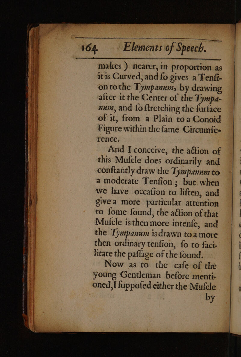 it is Curved, and fo gives a Tenfi- ontothe Tympannm, by drawing after it the Center of the Tympa- num, and fo ftretching the furface of it, from a Plain toa Conoid Figure within the fame Circumfe- rence. And I conceive, the a&amp;ion of this Mufcle does ordinarily and conftantly draw the Tympanum to a moderate Tenfion ; but when we have occafion to liften, and givéa more particular attention to fome found, the ation of that Mulcle isthen more intenfe, and the Tympanum isdrawn toa more then ordinary tenfion, fo to faci- litate the paflage of the found. Now as to the cafe of the young Gentleman before menti- oned,I {uppofed either the Mufcle by ee —_ 9 - . ei