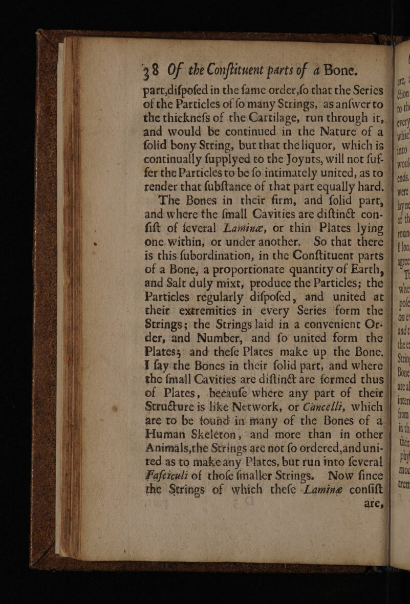 part,difpofed in the fame order,fo that the Series of the Particles of fo many Strings, as anfwer to and would be continued in the Nature of a folid bony String, but that the liquor, which is continually fupplyed to the Joynts, will not fuf- render that fubftance of that part equally hard. The Bones in their firm, and folid part, and where the {mall Cavities are diftinét con- fift of feveral Laming, or thin Plates lying One within, or under another. So that there of a Bone, a proportionate quantity of Earth, and Salt duly mixt, produce the Particles; the Particles regularly difpofed, and united at their extremities in every Series form the Strings; the Strings laid in a convenient Or- der, and Number, and fo united form the the {mall Cavities are diftin&amp;t are formed thus Animals,the Strings are not fo ordered,anduni- ted as to make any Plates, bur run into feveral Fafciculi of thofe fmaller Strings. Now fince the Strings of which thefe Lamine confit ends, foun T Ont thee Stin Bone ate a