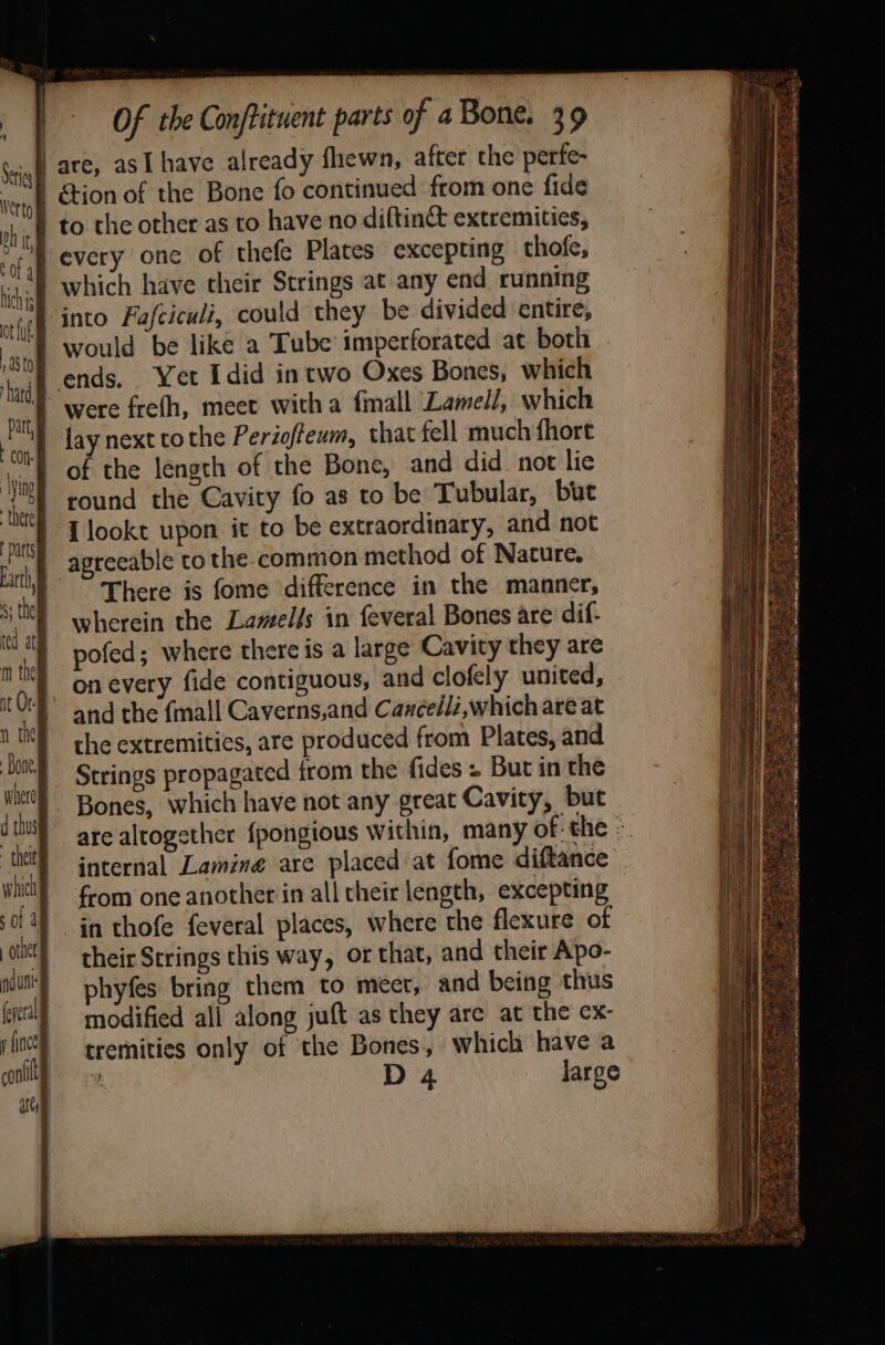 are, asI have already fhewn, after the perfe- Stion of the Bone fo continued from one fide which would be liké a Tube imperforated at both were frefh, meet witha fimall Lamel/, which lay next tothe Perioffeum, that fell much {hort of the length of the Bone, and did_ not lie round the Cavity fo as to be Tubular, but { lookt upon it to be extraordinary, and not There is fome difference in the manner, wherein the Lamelfs in feveral Bones are dif- pofed; where there is a large Cavity they are onevery fide contiguous, and clofely united, and the {mall Caverns,and Canceilz,which are at the extremities, are produced from Plates, and Strings propagated from the fides + Butin the are altogether {pongious within, many of- the ©. internal Lamine are placed at fome diftance from one another in all their length, excepting in thofe feveral places, where the flexure of their Strings this way, or that, and their Apo- phyfes bring them to meer, and being thus modified all along juft as they are at the ex- tremities only of the Bones, which have a D4 large