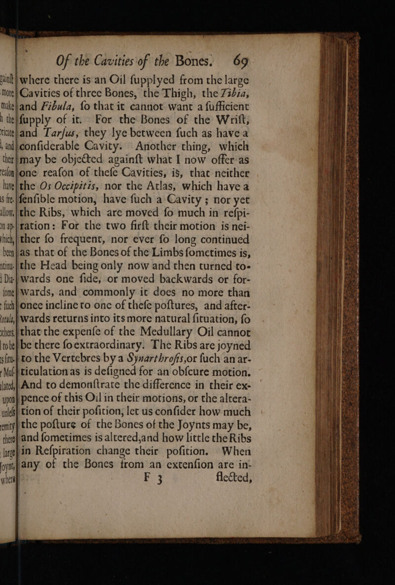 sink} where there is an Oil fupplyed from the large More} Cavities of three Bones, the Thigh, the 7zd2a, tikejand Fibula, fo that it cannot want a fufficient ie apply of it. For the Bones of the Wrift, riateland Tarjus, they lye between fuch as have a ,anjconfiderable Cavity. Another ching, which thi hay be objected againft what I now offer:as clmjone reafon of thefe Cavities, is, that neither hue|ithe Os Occipétis, nor the Atlas, which have a site|fenfible motion, have fuch a Cavity ; nor yet iloy.| the Ribs, which are moved fo much in refpi- na} ration: For the two firft their motion is nei- hicly| ther fo frequent, nor ever fo long continued ben} as that of the Bones of the Limbs fometimes is, itiu- the Head being only now and then turned to- \Die| Wards one fide, or moved backwards or for- ome} Wards, and commonly it does no more than {uch }}onee incline to one of thefe poftures, and after- otult,| Wards returns into its more natural fituation, fo sheng that the expenfe of the Medullary Oil cannot tobe} be chere foextraordinary. The Ribs are joyned sfitu} to the Vertebres by a Syxarthrofs,or fuch an ar- ‘Mut} ticulation as is defigned for an obfcure motion. lated, ||And to demont{trate the difference in their ex- upon} pence of this Oil in their motions, or the altera- ue$] tion of their pofition, let us confider how much iy) the pofture of the Bones of the Joynts may be, and fometimes is altered,and how little the Ribs in Refpiration change their pofition. When any of the Bones trom an extenfion are in: F 3 flected,