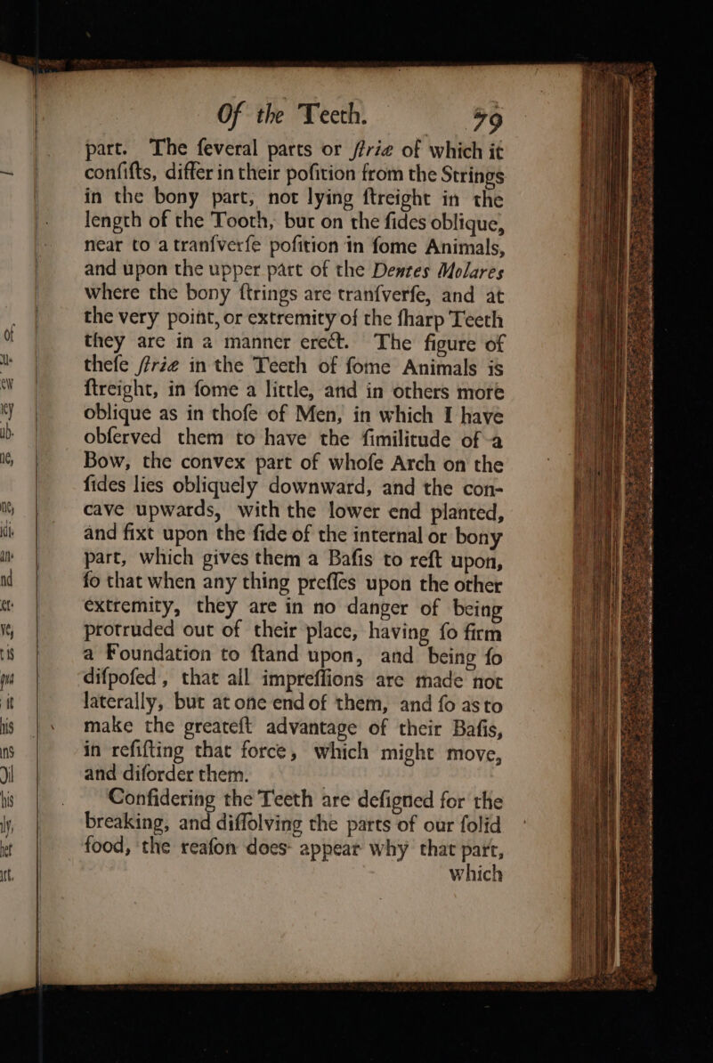 part. The feveral parts or frie of which it confifts, differ in their pofition from the Strings in the bony part, not lying ftreight in the length of the Tooth, bur on the fides oblique, near to atranfverfe pofition in fome Animals, and upon the upper part of the Denres Molares where the bony {trings are tranfverfe, and at the very point, or extremity of the fharp Teeth they are in a manner erect. The figure of thefe frie in the Teeth of fome Animals is {treight, in fome a little, and in others more oblique as in thofe of Men, in which I have obferved them to have the fimilitude ofa Bow, the convex part of whofe Arch on the fides lies obliquely downward, and the con- cave upwards, with the lower end planted, and fixt upon the fide of the internal or bony part, which gives them a Bafis to reft upon, fo that when any thing preffes upon the other extremity, they are in no danger of being protruded out of their place, having fo firm a Foundation to ftand upon, and being fo difpofed , that all impreffions are made not laterally, but at one end of them, and fo asto make the greatef{t advantage of their Batis, in refifting that force, which might move, and diforder them. : Confidering the Teeth are defigned for the breaking, and diffolving the parts of our folid food, ‘the reafon does- appear why thar part, which