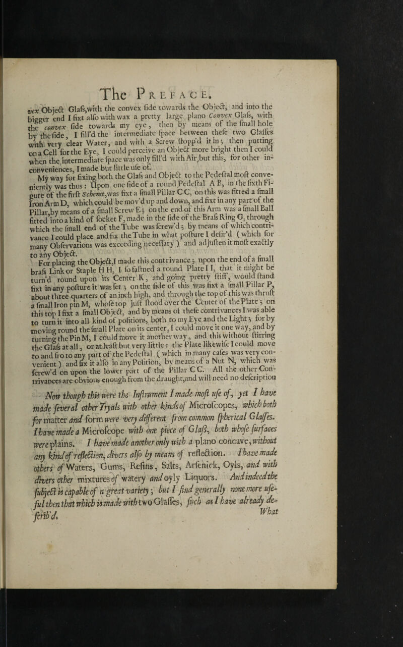 vex Objeft Glafs,with the convex fide towards the Object, and into the bigger end I fixt alfo with wax a pretty large piano Convex Gllafs, with the convex fide towards my eye, then by means of the fmall hole by the fide, I fill’d the intermediate lpace between thefe two Glafles with very clear Water, and with a Screw hopp’d it in ^ then putting on a Cell for the Eye, I could perceive an Objedfc more bright then I could when the intermediate (pace was only fill’d with Air,but this, for other in¬ conveniences, I made but little ufe of. , a . a My way for fixing both the Glafs and Objeft to the Pedeftal moft conve¬ niently was thus: Upon one fide of a round PedelTal A B, in the fixth Fi¬ gure of the firft Scheme,was fixt a fmall Pillar C C, on this was fitted a Imall Iron Arm D which could be mov’d up and down, and fixt in any part of the Pillar by means of a fmall Screw E} on the end of this Arm was a fmall Ball fitted’into a kind of focket F, made in the fide of the Brafs Ring G, through Which the fmall end of the Tube wasfcrew’d^ by means of which contri¬ vance I could place and fix the Tube in what pofture I defil'd ( which tor many Obfervations was exceeding neceffary ) and adjuften it moft exaftly t0 For pbcin^the Objed,I made this contrivance 3 upon the end of a fmall brafs Link or Staple H H, I lo faftned a round Plate 11, that it might be turn’d round upon its Center K, and going pretty ftiff, wouMftand fixt in any pofture it wasfet ^ on the fide of this was hxt a Imall Pillar P, about three quarters of an inch high, and through the top of this was thruft a fmall Iron pin M, whofetop juft ftood over the Center of the Plate 5 on this top I fixt a fmall Objeft, and by means o( thefe contrivances I w^as able to turn it into all kind of petitions, both to my Eye and the Light} for by moving round the fmall Plate on its center, 1 could move it one way, and by turning the Pin M, I could move it another way, and this without tarring the Glafs at all, or at leaft but very little: the Plate likewife I could move to and fro to any part of the Pedeftal ( which in many cafes was very con¬ venient ) and fix it alfo in any Petition, by means of a Nut N, which was ferew’d on upon the lower part of the Pillar CC. All the other Con¬ trivances are obvious enough from the draught,and will need no ddcription Now though this were the Inftrutnent Imade moft ufe of , yet l have made fever al other Tryals with other kinds of Microfcopes, which both for matter and form were -very different from common ffherical Glajfes. I base made a Microfcope with me piece of Glaft, both whofe furfaces were plains. I have made another only with a piano concave, without any kptdof refteStion, divers aljb by means of refle&ion. I have made others of Waters, Gums, Refins, Salts, Arfenirk, Oyls, and with divers other mixtures of watery andoyly Liquors. Andindeedtht fubjefi is capable of a great variety; but l find generally none more ufe- ful thenthat which is made with two Glalfe, fuch as I have already de- ftm; what