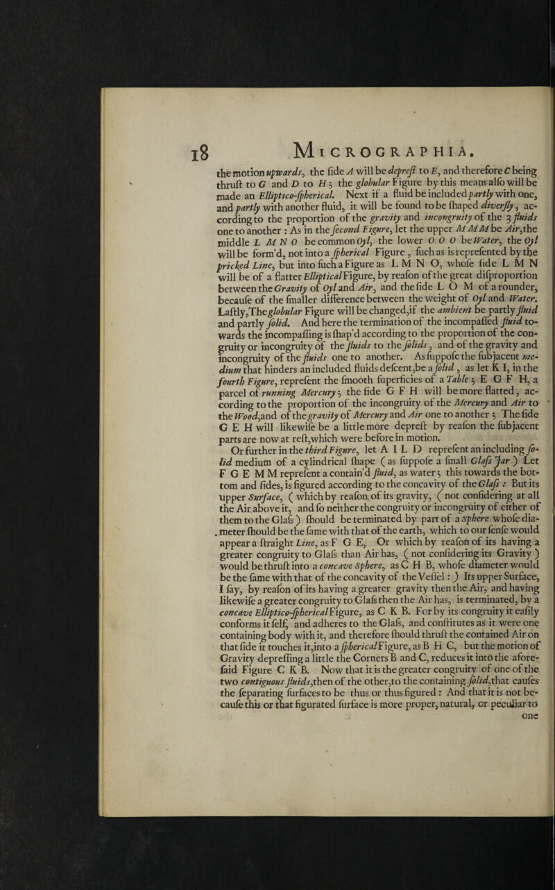 the motion upwards, the fide A will be depreft to E, and therefore C being thruft to G and D to H 5 the globular Figure by this means alfo will be made an Elliptico-fpherical. Next if a fluid be included partly with one, and partly with another fluid, it will be found to be ihaped diverfly, ac¬ cording to the proportion of the gravity and incongruity of the 3 fluids one to another : As in the fecond Figure, let the upper MMMbe Air,the middle L MN 0 be common Oyl, the lower OOO be Water, the Oyl will be form’d, not into a Jpherical Figure, fuch as is reprefented by the pricked Line, but into fuch a Figure as L M N O, whofe fide L M N will be of a flatter Elliptical Figure, by reafon of the great difproportion between the Gravity of Oyl and Air, and the fide L O M of a rounder, becaufeof the fmaller difference between the weight of Oyl and Water. Laftly,Theglobular Figure will be changed,if the ambient be partly fluid and partly folid. And here the termination of the incompafled fluid to¬ wards the incompafling isfhap’d according to the proportion of the con- gruity or incongruity of the fluids to the folids, and of the gravity and incongruity of the fluids one to another. As fuppofe the fub jacent me¬ dium that hinders an included fluids defcent,be a folid , as let K I, in the fourth Figure, reprefent the fmooth luperficies of a Table 5 E G F H, a parcel of running Mercury j the fide G F H will be more flatted, ac¬ cording to the proportion of the incongruity of the Mercury and Air to ' the Wood, and of the gravity of Mercury and Air one to another 5 The fide CEH will likewife be a little more depreft by reafon the fub jacent parts are now at reft,which were before in motion. Or further in the third Figure, let A I L D reprefent an including fo¬ lid medium of a cylindrical fhape ( as fuppofe a fmall Glafs Jar ) Let F G E M M reprefent a contain’d fluid, as water} this towards the bot¬ tom and fides, is figured according to the concavity of the Glafs : But its upper Surface, ( which by reafon. of its gravity, ( not confidering at all the Air above it, and fo neither the congruity or incongruity of either of them to the Glafs) Ihould be terminated by part of a sphere whofe dia- . meter Ihould be the fame with that of the earth, which to our fenfe would appear a ftraight Line, as F G E, Or which by reafon of its having a greater congruity to Glafs than Air has, ( not confidering its Gravity ) would be thruft into a concave Sphere, asC H B, whofe diameter would be the fame with that of the concavity of the Veflel:) Its upper Surface, I lay, by reafon of its having a greater gravity then the Air, and having likewiie a greater congruity to Glals then the Air has, is terminated, by a concave Elliptico-Jpherical Figure, as C K B. For by its congruity it eafily conforms it felf, and adheres to the Glafs, and conftitutes as it were one containing body with it, and therefore ihould thruft the contained Air on that fide it touches it,into a Jpherical Figure, as B H C, but the motion of Gravity deprefling a little the Corners B and C, reduces it into the afore- faid Figure C K B. Now that it is the greater congruity of one of the two contiguous fluids,then of the other,to the containing folid,th2Lt caules the feparating lurfaces to be thus or thus figured : And that it is not be- caufethis or that figurated lurface is more proper, natural, or peculiar to one