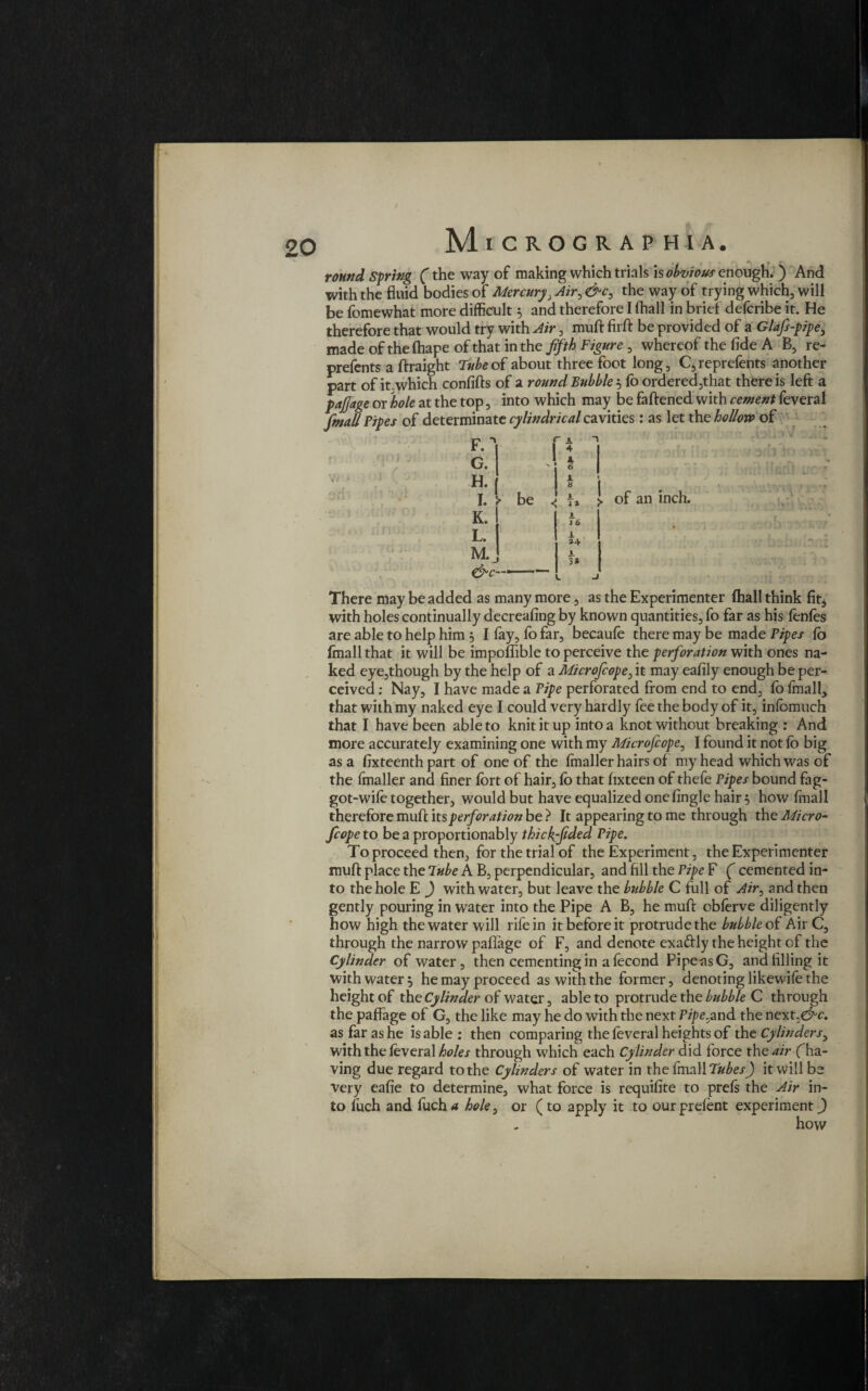 round Spring (the way of making which trials is obvious enough. ) And with the fluid bodies of Mercury, Air, &c, the way of trying which, will be fomewhat more difficult 5 and therefore I fhall in brief defcribe it. He therefore that would try with Air, muft firft be provided of a Glafs-pipe, made of the fhape of that in the fifth Figure, whereof the fide A B, re- prefents a ftraight Tubed about three foot long, C, reprefefits another part of it. which confifts of a round Bubble 5 fo ordered,that there is left a pajjage or hole at the top, into which may be faftened with cement feveral fmaU Pipes of determinate cylindrical cavities: as let the hollow of / CjO J »1 ) ' . J :*f j i* j ilnOi F. -' G. H. I. ► K. L. be < Ta 1 6 » *4 > 3* J of an inch. There may be added as many more, as the Experimenter fhall think fit* with holes continually decreafing by known quantities, fo far as his fenfes are able to help him , I fay, fo far, becaufe there may be made Pipes fo fmall that it will be impoflible to perceive the perforation with ones na¬ ked eye,though by the help of a Microfcope, it may eafily enough be per¬ ceived ; Nay, I have made a Pipe perforated from end to end, fo fmall, that with my naked eye I could very hardly fee the body of it, infomuch that I have been able to knit it up into a knot without breaking : And more accurately examining one with my Microfeope, I found it not fo big as a fixteenth part of one of the fmaller hairs of my head which was of the fmaller and finer fort of hair, fo that fixteen of thefe Pipes bound fag¬ got-wife together, would but have equalized one Angle hair 5 how fmall therefore muff its perforation be ? It appearing to me through the Micro¬ fcope to be a proportionably thickfided Pipe. To proceed then, for the trial of the Experiment, the Experimenter muft place the Tube A B, perpendicular, and fill the Pipe F ( cemented in¬ to the hole E ) with water, but leave the bubble C full of Air, and then gently pouring in water into the Pipe A B, he muft obferve diligently how high the water will rife in it before it protrude the bubble of Air C, through the narrow paflage of F, and denote exaftly the height of the Cylinder of water, then cementing in a fecond Pipe-asG, and filling it with water 5 he may proceed as with the former, denoting likewife the height of the Cylinder of water, able to protrude the bubble C through the paflage of G, the like may he do with the next Pipe^and the next,e^c. as far as he is able : then comparing the feveral heights of the Cylinders, with the feveral holes through which each Cylinder did force the air (ha¬ ving due regard to the Cylinders of water in the fmall Tubes) it will be Very eafie to determine, what force is requifite to prefs the Air in¬ to iuch and fuch<* hole, or (to apply it to our prelent experiment J)