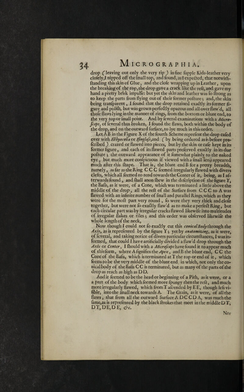 14 drop (leaving out only the very tip ) in fine hippie Kids-leather very clofely,! nipped off the finall top, and found, as I expefred, that notwith- ftanding this skin of Glue, and the clofe wrapping up in Leather, upon the breaking of the top, the drop gave a crack like the reft, and gave my hand a pretty brisk impulfe: but yet the skin and leather was fo ftrong as to keep the parts from flying out of their former pofture $ and, the skin being tranfparent, I found that the drop retained exadly its former fi¬ gure and polilh, but was grown perfectly opacous and all over flaw’d, all thofe flaws lying in the manner of rings, from the bottom or blunt end, to the very top or finall point. And by fe veral examinations with a Micro- [cope, of feveral thus broken, I found the flaws, both within the body of the drop, and on the outward furface, to lye much in this order. Let A B in the Figure X of the fourth Scheme reprefent the drop cafed over with Mhyocolla or ifwglafs,and ( by being ordered as is before pre-' fcribed ) crazed or flawed into pieces, but by the skin or cafe kept in its former figure, and each of its flawed parts preferved exactly in its due pofture j the outward appearance of it lomewhat plainly to the naked eye, but much more conspicuous if viewed with a fmall Ien ,s appeared much after this ftiape. That is, the blunt end B for a pretty breadth, namely, as far as the Ring C C C feemed irregularly flawed with divers clefts, which all feemed to tend towards the Center of it, being, as I af¬ terwards found , and fhall anon (hew in the description of the figure Y, the Balls, as it were, of a Cone, which was terminated a little above the middle of the drop, all the reft of the Surface from C C C to A was flawed with an infinite number of fmall and parallel Rings, which as they were for the moft part very round , lo were they very thick and clofe together, but were not fo exactly flaw’d as to make a perfeft Ring, but each circular part was by irregular cracks flawed likewife into multitudes of irregular flakes or tiles 5 and this order was obferved likewife the whole length of the neck, Now though I could not lo exa&ly cut this conical Body through the Axis, as is reprefented by the figure Y $ yet by anatomizing, as it were, of feveral, and taking notice of divers particular circumftances, I was in¬ formed, that could I have artificially divided a flaw’d drop through the Axis or Center, I Ihould with a Microfcope have found it to appear much of this form, where A fignifies the Apex, and B the blunt end, C C the Cone of the Balls, which is terminated at T the top or end of it, which feems to be the very middle of the blunt end in which, not only the co¬ nical body of the Balls C C is terminated, but as many of the parts of the drop as reach as high as D D. And it feemed to be the head or beginning of a Pith, as it were, or a a part of the body which feemed more fpungy then the reft, and much more irregularly flawed, which from T afeended by E E, though lefs vi- fible, into the imall neck towards A. The Grain, as it were, of all the flaws, that from all the outward Surface A DC CD A, was much the fame,as is reprefented by the black ftrokes that meet in the middle D T, DT,DE,DE, eV. Nor