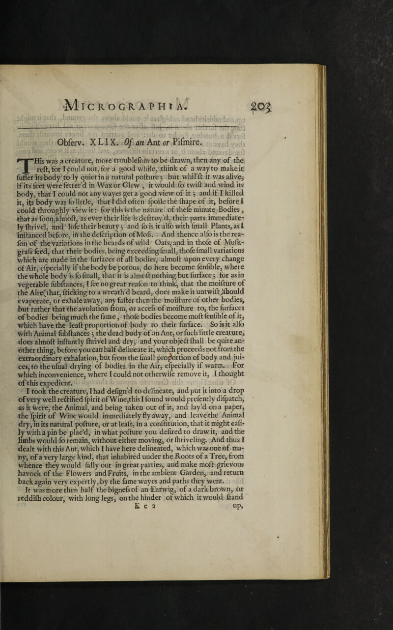 yQ ! THis was a creature, tnore troubleicm to be drawn, then any of the reft, for I could not, for a good while, tliink of a way to make it fuffer its body to ly quiet in a natural pofture $ but whifft it was alive, if its feet were fetter d in Wax or Glew , it would fo twift and wind its body, that I could not any wayes get a good view of it j and if I killed it, its body was fo little, that I did often fpoile the fhape of it, before I could throughly view it: for this is the nature of thefe minute Bodies, that as foon,almoft, as ever their life is deftroy’d, their parts immediate¬ ly fhrivel, and lofe their beauty 5 and fo is it alio with fmall Plants, as I inftanced befote, ih thedelcription ofMofs. - And thence alfo is the rea- fon of the variations in the beards of wild Oats,-and in thofe of Mufk- grals feed, that their bodies, being exceeding fmall, thofe fmall variations which are made in the furfaces of all bodies, almoft upon every change of Air, efpecially if the body be porous, do here become fenfible, where the whole body is fo fmall, that it is almoft nothing but furface 3 for as in vegetable fiibftances, I fee no great realbn to think, that the moifture of the Aire(that, fticking to a wreath’d beard, does make it untwiftJlhould evaporate, or exhale away, any fafter then the bolfture of other bodies, butrather that the avolation from, or accefs of moifture to, the furfaces of bodies being much the fame, thole bodies become moft fenfible of it, which have the leaft proportion of body to their furface. So is it allb with Animal fiibftances 5 the dead body of an Ant, or fuch little creature, does almoft inftantly fhrivel and dry, and y our obje&fhall be quite an¬ other thing, before you can half delineate it, which proceeds not from the extraordinary exhalation, but from the fmall proportion of body and jui¬ ces, to theufual drying of bodies in the Air, efpecially if warm. For which inconvenience, where I could not otherwise remove it, .1 thought of this ex pedient. - ■ ■> ■ * I took the creature, I had defignd to delineate* and put it into a drop of very well rectified fpirit of Wine,this I found w7ould prefently dilpatch, as it were, the Animal, and being taken out of it, and lay’d on a paper* the Ipirit of Wine would immediately fly away, and leave the Animal dry, in its natural pofture, or at leaft, in a conftitution, that it might eafi- ly with a pin be plac’d, in what pofture you defiredto draw it, and the limbs would lb remain, without either moving, or fhriveling. And thus I dealt with this Ant, which I have here delineated, which was one of ma¬ ny, of a very large kind, that inhabited under the Roots of a Tree, from whence they would fally out in great parties, and make moft grievous havock of the Flowers and Fruits, in the ambient Garden, and return back again very expertly, by the fame wayes and paths they went. It was more then half the bignefsof an Earwig, of a dark brown, or reddifh colour, with long legs, on the hinder of which it would ftand