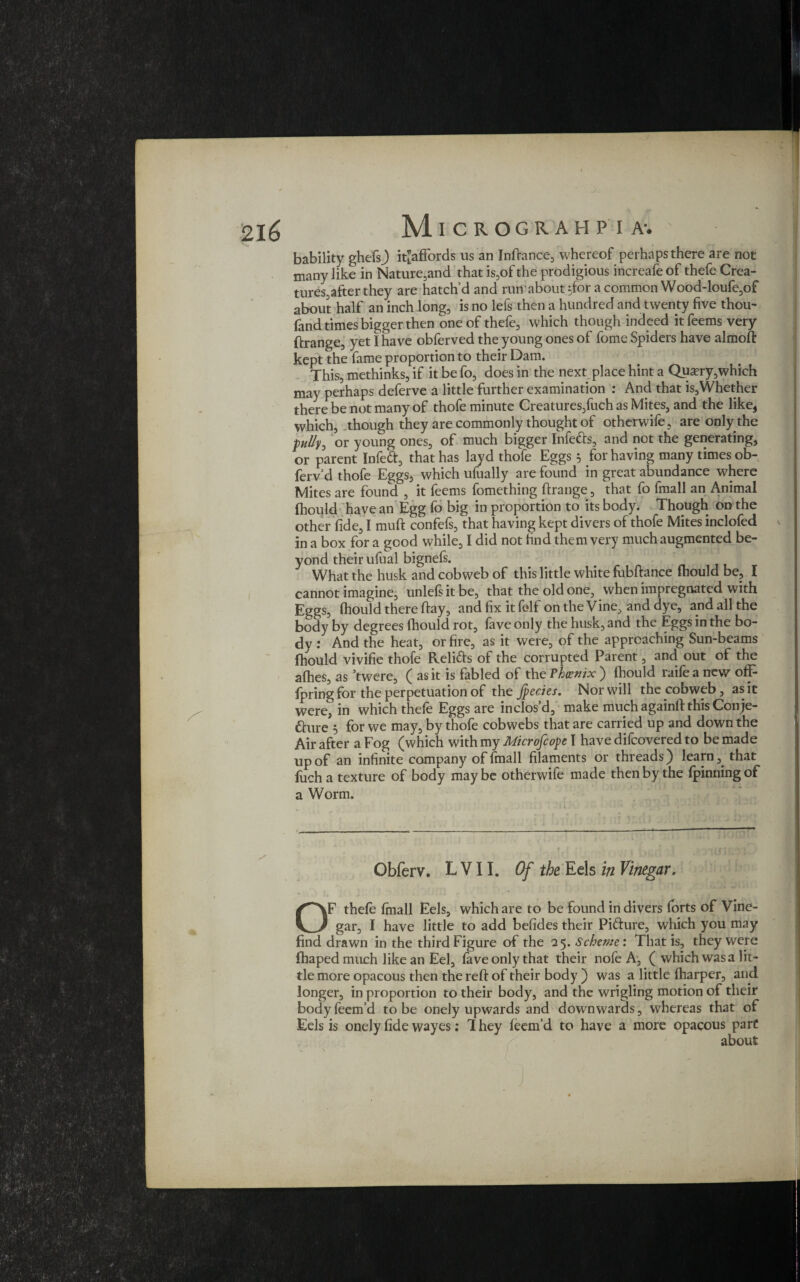 bability ghefs.) itlaffords us an Inftance, whereof perhaps there are not many like in Nature,and that is,of the prodigious increafe of thefe Crea¬ tures,after they are hatch’d and run'about ;for a common Wood-loufe,of about half an inch long, is no lefs then a hundred and twenty five thou- fand times bigger then one of thefe, which though indeed itfeems very ftrange, yet I have obferved the young ones of fome Spiders have almoft kept the fame proportion to their Dam. This, methinks, if it be fo, does in the next place hint a Qpa?ry,which may perhaps deferve a little further examination : And that is,Whether there be not many of thofe minute Creatures,fuch as Mites, and the like, which, though they are commonly thought of otherwife, are only the fully, or young ones, of much bigger Infefts, and not the generating, or parent Infeft, that has layd thofe Eggs 5 for having many times ob- ferv’d thofe Eggs, which ufually are found in great abundance w'here Mites are found , it feems fomething ftrange, that fo fmall an Animal fhould have an Egg fo big in proportion to its body. Though on the other fide, I muff confefs, that having kept divers of thofe Mites inclofed in a box for a good while, I did not find them very much augmented be¬ yond their ufual bignefs. What the husk and cobweb of this little white fubftance fhould be, I cannot imagine, unlefs it be, that the old one, when impregnated with Eggs, fhould there ftay, and fix it felf on the Vine, and dye, and all the body by degrees fhould rot, fave only the husk, and the Eggs in the bo¬ dy : And the heat, or fire, as it were, of the approaching Sun-beams fhould vivifie thofe Relifts of the corrupted Parent, and out of the afhes, as ’twere, ( as it is fabled of the Thaenix ) fhould raife a new off- fpring for the perpetuation of the Jpecies. Nor will the cobweb, as it were, in which thefe Eggs are inclos’d, make much againft this Conje- fture 5 for we may, by thofe cobwebs that are carried up and down the Air after a Fog (which with my Microfcope T have difcovered to be made up of an infinite company of fmall filaments or threads) learn, that fuch a texture of body may be otherwife made then by the (pinning of a Worm. Obferv. L V11. Of the Eels in Vinegar. OF thefe (mail Eels, which are to be found in divers forts of Vine¬ gar, I have little to add befides their Pifture, which you may find drawn in the third Figure of the 25. Scheme: That is, they were fhaped much like an Eel, fave only that their nofe A, ( which was a lit¬ tle more opacous then the reft of their body ) was a little (harper, and longer, in proportion to their body, and the wrigling motion of their bodyfeem’d to be onely upwards and downwards, whereas that of Eels is onely fide wayes: They feem’d to have a more opacous part about J