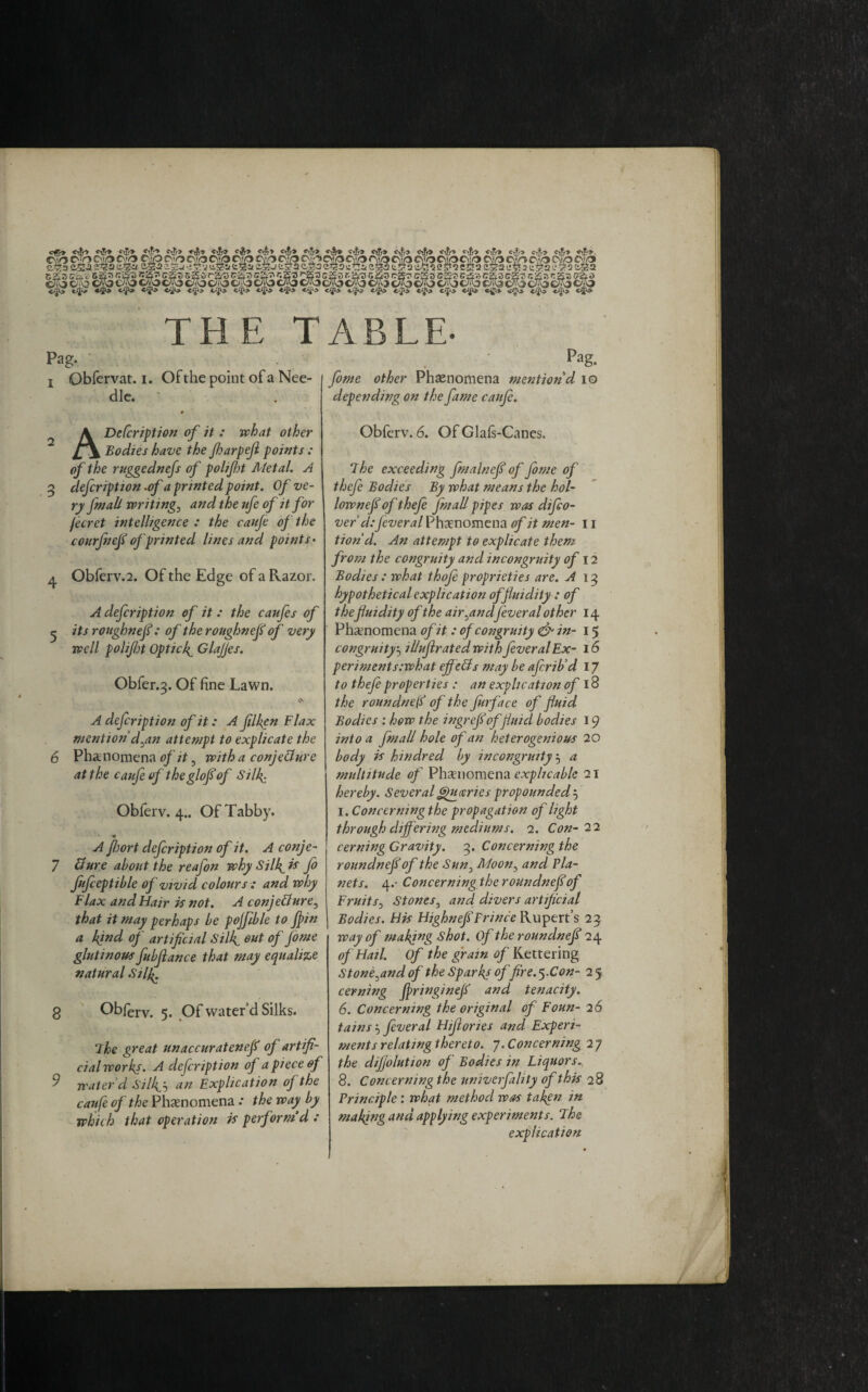 c#» *■&* <'£•» <&> «vfc» otr» *t&* *A» «&* <\5» t-fo oJr» <$•» c»J> «&* c.T> of.j of,» <ftt> sg^agsigassB^assBSB^^asssagasmRiBaasKassiisas ^5gS}S3SSi?»1ISS^^S3Sll5S^^S5^3SiSSi8SliS^SSia5 c*jo «4*^ ^ ,c4^> <4‘> <*jfa> <J£<y <4° *4^ *4*> «4^> c^o «*p& «£i» c^>s> <40 c^> THE T Pag. ! Obfervat. 1. Of the point of a Nee¬ dle. A Defeription of it : what other Bodies have the JharpeJi points : of the ruggednefs of polifljt Metal. A 3 defeription.of a printed point. Of ve¬ ry fmall writings and the ufe of it for fecret intelligence : the caufe of the courfnefi of printed lines and points« 4 Obferv.2. Of the Edge of a Razor. A defeription of it : the caufes of ^ its roughnefi : of the roughnefi of very well polifjt Optic f GlaJJes. Obfer.3. Of fine Lawn. A defeription of it: A fdken Flax mention d^an attempt to explicate the 6 Phenomena of it, with a conjecture at the caufe of theglofiof Silk; Obferv. 4.. Of Tabby. A port defeription of it. A conje- 7 Cture about the reafon why Silken Jo fufceptible of vivid colours : and why Flax and Hair is not. A conjecture, that it may perhaps be pojfible to fain a kind of artificial SilkL out of fame glutinous fubfaance that may equalize natural Silk. S Obferv. 5. Of water’d Silks. The great unaccuratene.fi of artifi¬ cial worky. A defeription of a piece of 9 waterd Silk^b an Explication of the caufe of the Phenomena .* the way by which that operation is perf ?rm d .* ABLE. Pag. fame other Phenomena mention'd 10 depending on the fame caufe. Obferv. 6. Of Glafs-Ganes. The exceeding fmalncfi of fame of thefe Bodies By what means the hol- lownefi of thefe fmall pipes was difeo- ver d: fever a l Phenomena of it men- 11 tiond. An attempt to explicate them from the congruity and incongruity of 12 Bodies : what thofe proprieties are. A 13 hypothetical explication of fluidity : of thefluidity of the airlandfever al other 14 Phenomena of it : of congruity &in- 15 congruity-\ illufirated with fever al Ex- 16 perimentsiwhat ejfeCls may be aferib'd 17 to thefe properties : an explication of 18 the roundnetf of the furface of fluid Bodies : how the ingrefioffluid bodies 19 into a fmall hole of an heterogenious 20 body is kindred by incongruity 5 a multitude of Phenomena explicable 21 hereby. Severalgpucertes propounded, 5 1. Concerning the propagation of light through differing mediums. 2. Con-22 cerning Gravity. 3. Concerning the roundnefiof the Sun3 Moon5 and Vla- nets. 4.- Concerning the roundnefiof Fruits, St ones 5 and divers artificial Bodies. His HighnefiPrince Pvupert’s 23 way of making shot. Of the roundnefi 24 of Hail. Of the grain of Kettering Ston f and of the Sparks of fire. 5.Con- 25 cerning faringinefi and tenacity. 6. Concerning the original of Foun- 26 tains5 fever al Hijlories and Experi¬ ments relating thereto. 7. Concerning 27 the difiolution of Bodies in Liquors, 8. Concerning the univerfality of this 28 Principle: what method was taken in makjng and applying experiments. The explication