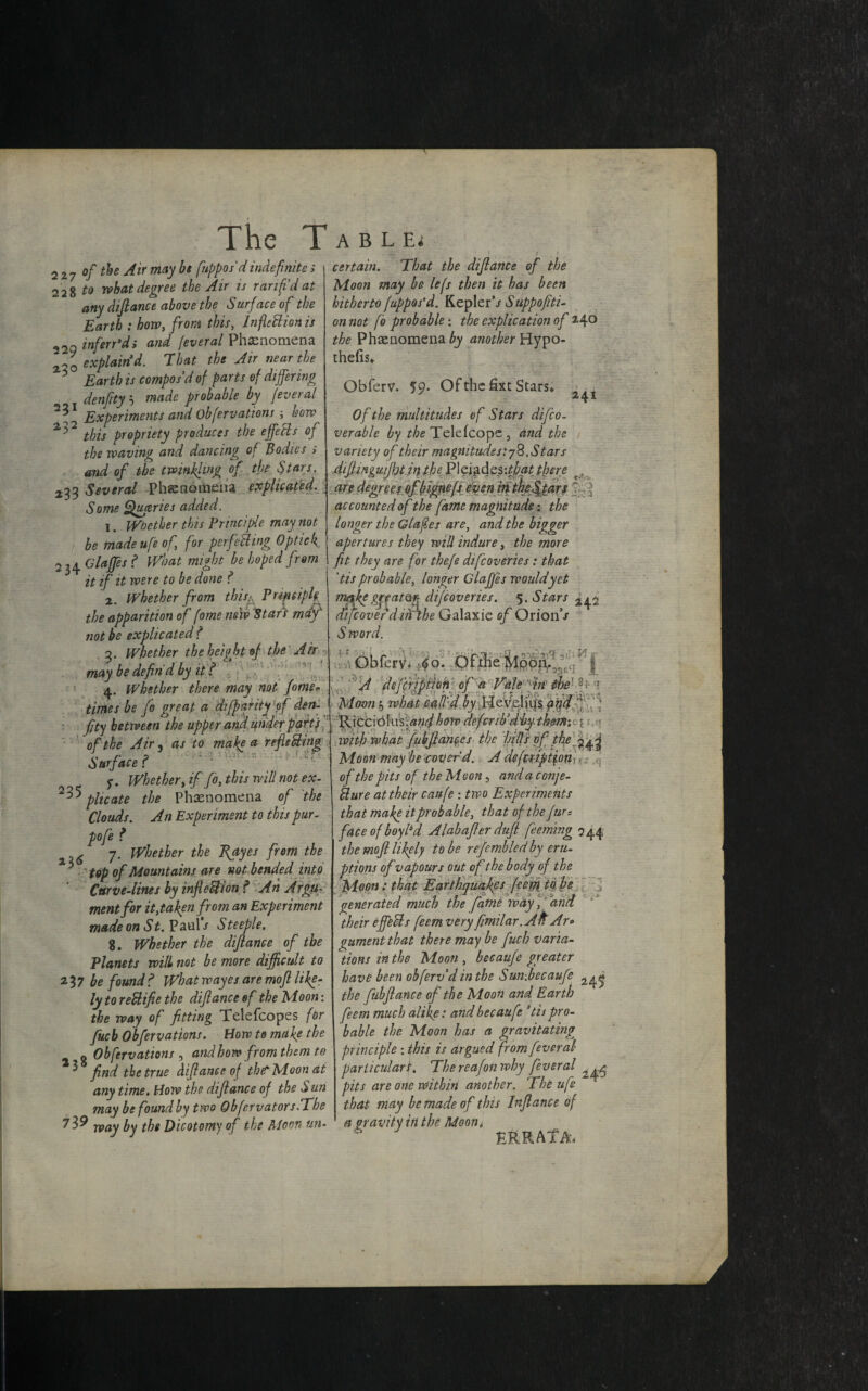 228 to what degree the Air is ranf’dat any difiance above the Surface of the Earth : how, from this, InfleClion is 229 inferred; and feveral Phenomena 2,20 explain d. That the Air near the 6 Earth is compos’d of parts of differing denfity i made probable by feveral Experiments and Obfervations how 2)2 this propriety produces the effeCls of the waving and dancing of Bodies ; and of the twinkling of the Stars. ^■33 Several Phsenotnfiiia explicated. Some Queries added. i. Whether this Principle may not be madeufeof, for perfecting Optic f 2 34 Glaffes ? What might be hoped from it if it were to be done ? z. Whether from thiss. Principle the apparition of fame new Start may' not be explicated f 5, Whether the height of the Air may be defin'd by it f 4. Whether there may not fome* times be Jo great a difparity of den- fity between the upper and under parts, of the Air, as to make a reflecting Surface f y. Whethert if fo, this will not ex- plicate the Phenomena of the Clouds. An Experiment to this pur- pofe f <£ 7. Whether the 2{ayes from the 5 ' top of Mountains are not bended into Curve-lines by inflexion ? An Argu¬ ment for it, taken from an Experiment m&deon St.Vzvds Steeple. 8. Whether the diftance of the Planets will not be more difficult to 237 be found ? What wayes are mofl like¬ ly tor edifie the difianceef the Moon: the way of fitting Telefcopes for fuch Obfervations. How to make the « Obfervations , and how from them to ^ find the true difiance of thf Moon at any time. How the difiance of the Sun may be found by two Obfervators.The 739 way by the Dicotomy of the Moon un- The Table, — 1 1 / Moon may be lefs then it has been hitherto fuppos'd. Kepler’/ Suppofiti- on not [b probable; the explication of 24° the Phsenomena by another Hypo¬ thecs*. 241 Obferv. 59. Of the fixt Stars* Of the multitudes of Stars difeo. verable by the Telefcope , and the variety of their magnitudes: 78. Stars difiwguijht in the Pleiades:£/W there r are degrees ofbignefs even in thef tars accounted of the fame magnitude • the longer the Glafies are, and the bigger apertures they will indure, the more fit they are for thefe difcoveries : that ’tis probable, longer Glaffis would yet mafiegrpatop difcoveries. 5.Stars ai[cover din the Galaxie of Orion’/ S word. Obferv. <5o. Ofxhe Moon,. ' A deferipiion of a Vale in the Moon 3 what call 'd by He v'elius pfid: RiccibkrSjtfW^ how defer ib’d'bythem-.cy; ^ with what (ubfiances the hills of the Moon may be cover d.. A chfmpifotfi,. of the pits of the Moon, and a conje¬ cture at their caitfe : two Experiments that make it probable, that of the fur: face of boy Pd Alabafier dufi feeming 244 the mofl likely to be rejembled by eru¬ ptions ofvapours out of the body of the Moon: that Earthquakes feem to be generated much the fame way, and their effeCls feem very fimilar.Aft Ar» gumentthat there may be fuch varia¬ tions in the Moon , becaufe greater have been obferv d in the Sun-.becaufe the fubflance of the Aloof} and Earth feem much alike: and becaufe ’tis pro¬ bable the Moon has a gravitating^ principle : this is argued from feveral particulars. Tbereafotiwby feveral ^ pits are one within another. The ufe that may be made of this Infiance of a gravity in the Moon. ERRATA,