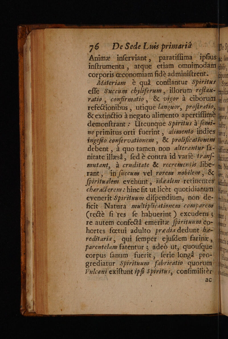 26 DeSede Lis primariis Anima inferviant, paratiffima ' ipfiusiy Jr inftrumenta , atque etiam omnimodati Ji. corporis oeconomiam fide adminiftrent- — - m Materiam e quà conflantur Spiritufi'gw effe Succum chyliferum ,-Mlorum reffau-] tí ratió., confirmatio , '&amp; vigor à ciborum refedtionibus , utique Jazeuor, profiratio,] &amp; extinctio à negato alimento apertiffime demonftrant * litcunque Spzrztes à femei- y 2e primitus orti fuerint , alizzento itidies ly, jngeflo con[ervationem , &amp; prolificatonemz Mg. debent , à quo tamen non afterastur fa- nitate illzesd, fed &amp; contra id varié tzazf- yp eutant, à cruditate &amp; vecretueriis libe-3 rant, in (zcewzs vel roreze mobilem ,- Gc 1, fpiritualem. evehunt idealezm retinentes yj charatferez : hinc fit utlicét quotidianum JJ; evenerit Spiritus difpendium; non: de- 31V, ficit. Natura. zzltiplicatienezs comparez t  (rede fi'res. fe habuerint ) excudens s dj. re autem confedtà emerite fpzrituuza Co- M, hortes foctui adulto. predia dedunt 5-3 reditaria, qui femper ejuídem farine, pareutelaz fatentur 5 adeó ut, quoufque Jj corpus fanum fuerit, ferie longà pro-/l egrediatur Spzrituumz fabricatio quorum: b. Vulcatii exiftunt ipft Spiritus, confimilitér:)| ac