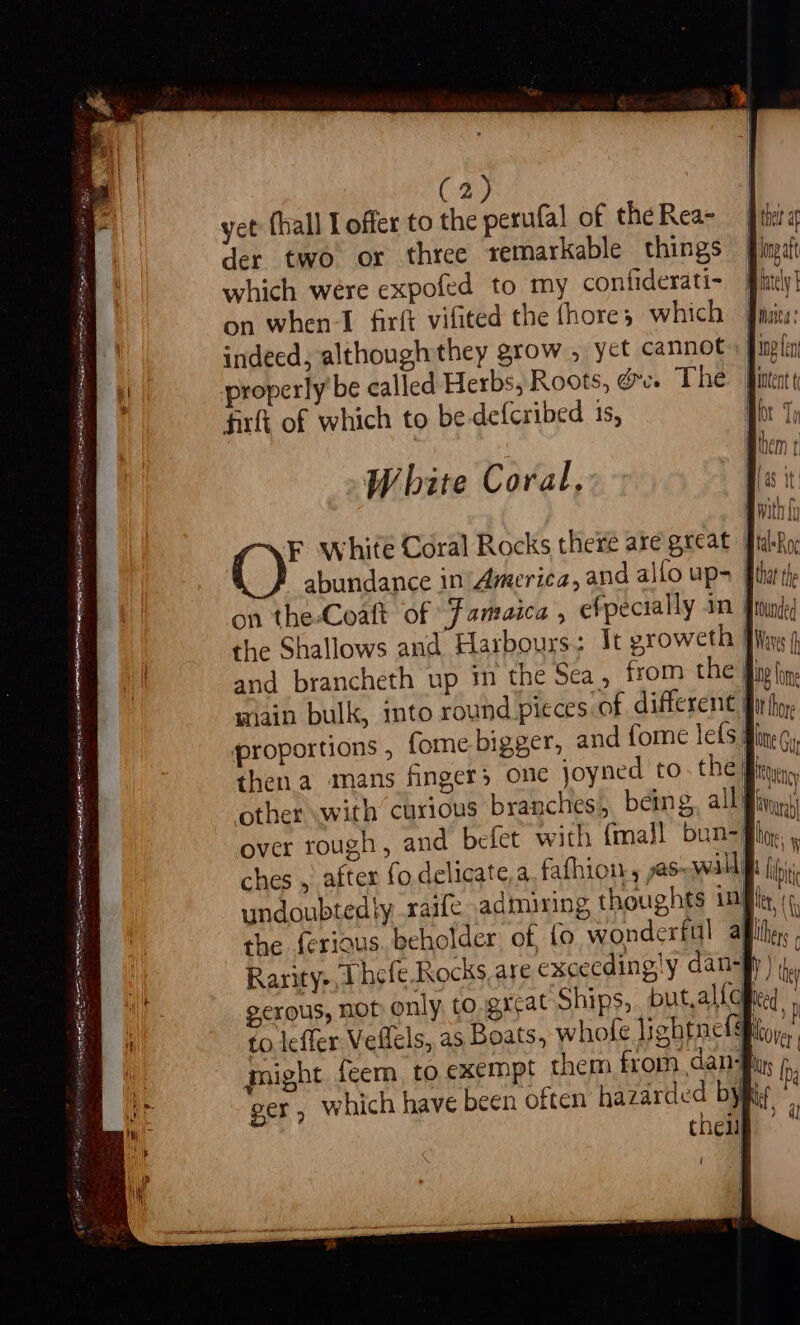 ISG eA RAEI io acer ome SE . 5 a ae Ph peg REM - Paar Rosonr2 Quenticess i (2) yet (hall I offer to the perufal of the Rea- der two or three remarkable things which were expofed to my confiderati- on when-I firft vifited the fhores which indeed, although they grow , yet cannot properly be called Herbs, Roots, ge. The White Coral. F white Coral Rocks there are great itl abundance in America, and allo ups | on the-Coatt of Famaica , efpecially in | the Shallows and Harbours: It groweth | and brancheth up in the Sea, from the fi main bulk, into round pieces of different | proportions , fome bigger, and fome lefs fi over rough, and befet with {mall bun-if) undoubtedly raife admiring thoughts in the feriqus. beholder of, fo wonderful afi Rarity> Phefe Rocks,are exceedingly dan- gerous, nop only to. gt to leffer Veflels, as Boats, whofe lightnel# might feem to exempt them from dan-Biys ger, which have been ofte irded byt