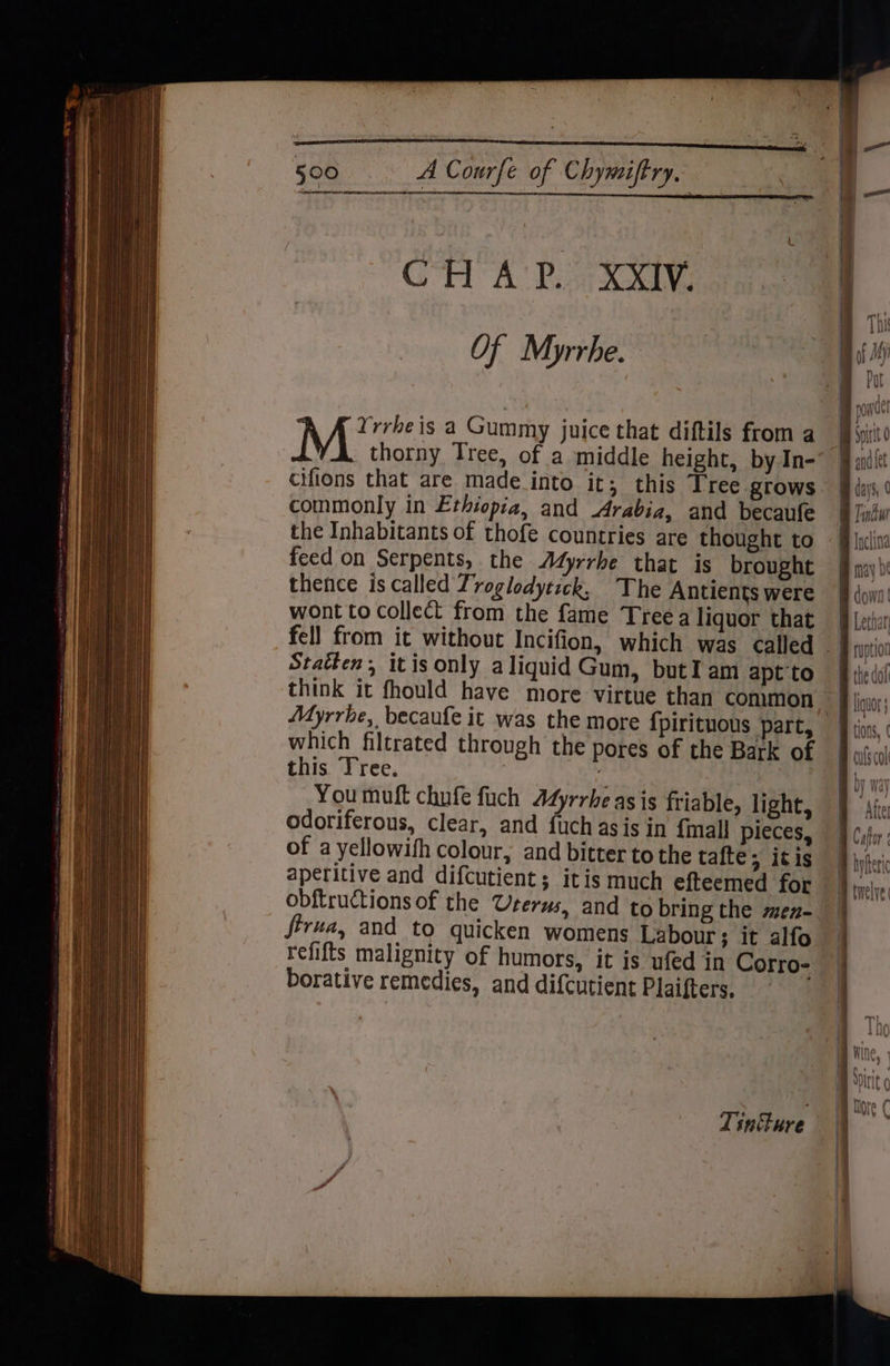 a CHAP. XXIV. Of Myrrhe. Yrrbeis a Gummy juice that diftils from a cifions that are made into it; this Tree grows commonly in Ethiopia, and Arabia, and becaufe the Inhabitants of thofe countries are thought to feed on Serpents, the Adyrrhe that is brought thence is called Zroglodytick, The Antients were wont to collect from the fame Tree a liquor that fell from it without Incifion, which was called Statken, itis only aliquid Gum, butI am apt‘to think it fhould have more virtue than common this Tree. You muff chufe fuch Atyrrhe as is friable, light, odoriferous, clear, and fuchasis in {mall pieces, of a yellowith colour, and bitter to the tafte; itis aperitive and difcutient; itis much efteemed for ftrua, and to quicken womens Labour; it alfo borative remedies, and difcutient Plaifters. } ;