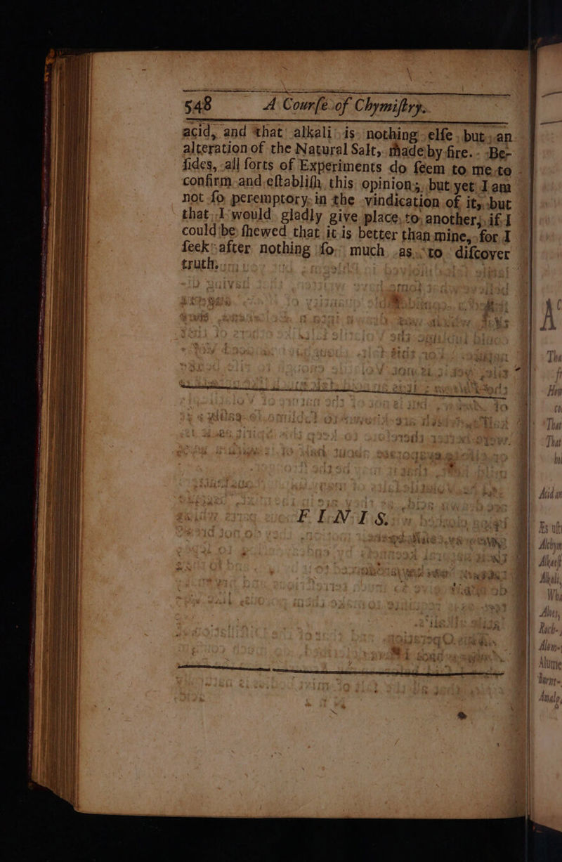 acid, and that: alkali is nothing - elfe . but;.an alteration of the Natural Salt, madeiby-fire. - Be- fides, -all forts of Experiments do f€em to me.to confirm.and eftablifh, this opinions but yet Iam not fo peremptory. in the vindication of it, but that, I-would. gladly give. place, to another}, if. couldibe: fhewed that itis better than mine,» for. I feck:after nothing fo. much. .as.<to difcoyer )