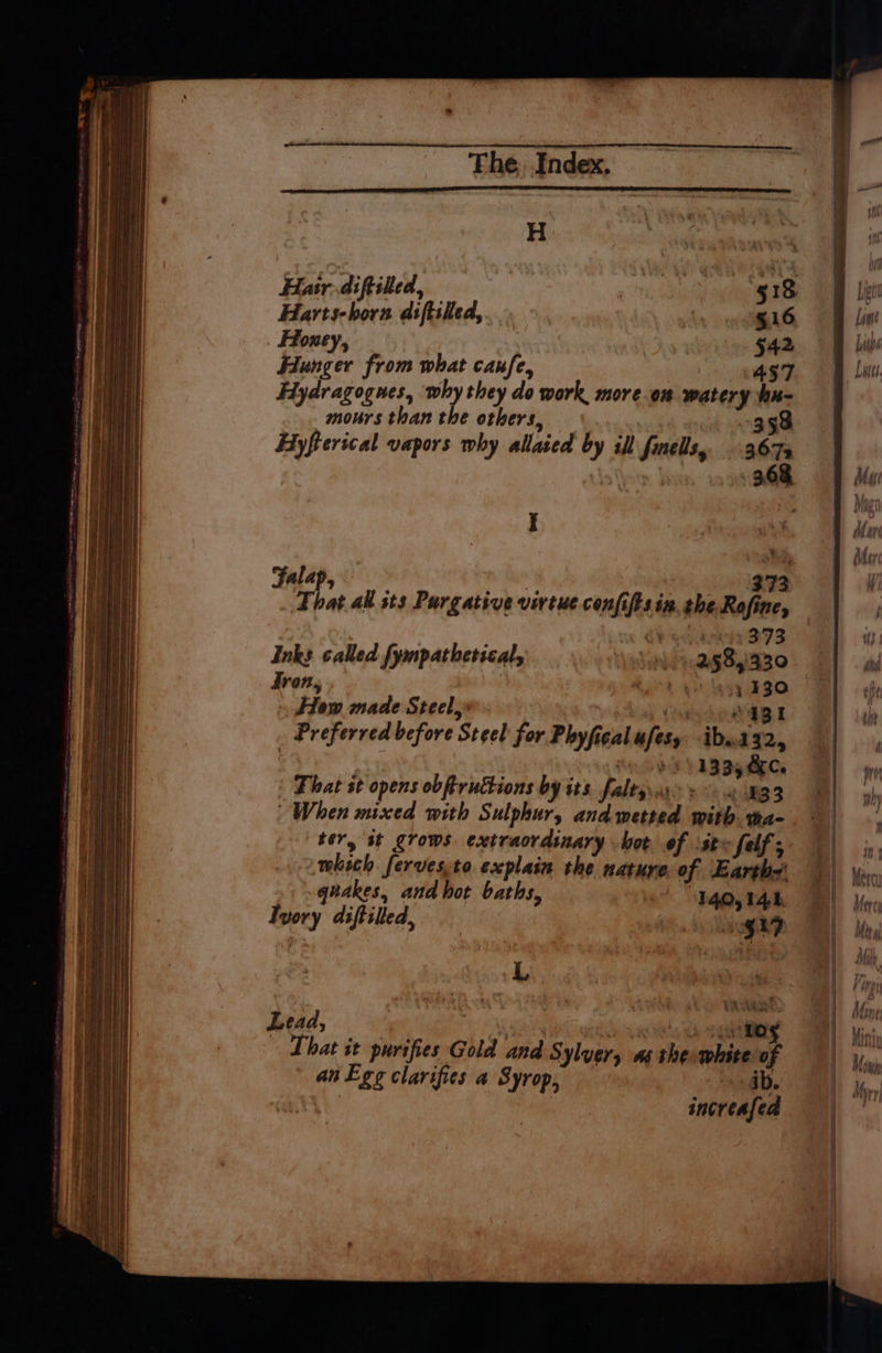 os | fair diftilied, Suda 518 Harts-hora diftilled, §16 Honey, $42 Hunger from what caufe, 457 Hydragognes, ‘why they do work more.on watery hn- mours than the others, - 358 Hyfterical vapors why allaied by ill fmellsy 367% 368. I Jalap, fae 373 That all sts Purgative virtue conjifts in, she Rofine, | wey 373 Inks called fynpathetical, Lie 2g 8,330 Iron, | » lag F380 How made Steel, eens Vy _ Preferred before Steel for Phyfical ufesy ibui32, 1335 &C. That st opens ob ftruttions by its fralts : + wai “33 ter, st grows extraordinary bot. of :st~ felf'; which fervesto explain the nature of Earth. qkakes, and hot baths “140, 14k Ivory diftilled, : ‘ us Lp L Lead, | waits | ys di tos That it purifies Gold and Sylvery ae the-white of an Ege clarifies a Syrop, “ob. increafed