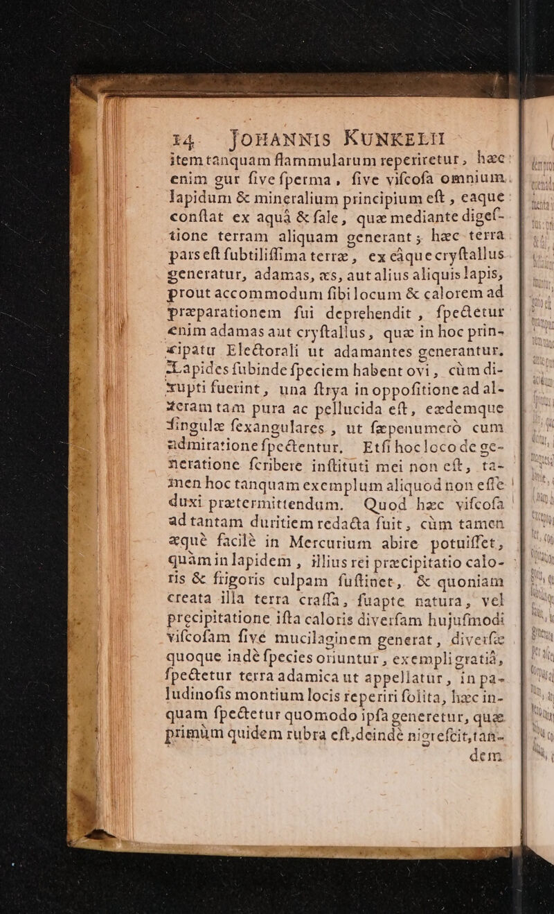 :4. JonawwIis KUNKELH itemtanquam flammularum reperiretur, h&amp;c enim gur fivefperma, five vifcofa omnium. lapidum &amp; mineralium principium eft , eaque conflat ex aquà &amp; fale, quz mediante digef- tione terram aliquam generant ; hac terra parseft fubtiliffima terre, ex càquecryftallus generatur, adamas, «s, autalius aliquislapis; prout accommodum fibilocum &amp; calorem ad preparationem fui deprehendit ,. fpe&amp;etur enim adamasaut cryftallus, qua in hoc prin- xipatu Ele&amp;orali ut adamantes generantur. Lapides fubinde fpeciem habent ovi, cümdi- *upti fuerint, una ftrya in oppofitione ad al- «cram tam pura ac pellucida eft, ezdemque fingule fexangulares , ut fzpenumeró cum ndmiratione fpe&amp;tentur, Etfi hoclocode ge- neratione fcribere inftituti mei non cít, ta- men hoc tanquam exemplum aliquod non efie! duxi prztermittendum. Quod hzc vifcofa || adtantam duritiem redacta fuit, cüm tamen «qué facilé in Mercurium abire potuiffet, quàminlapidem, illius rei przcipitatio calo- : ris &amp; frigoris culpam fuftinet, &amp; quoniam creata illa terra craffa, fuapte natura, vel precipitatione ifta caloris diverfam hujufmodi vifcofam fivé mucilaginem generat, diveifze quoque indé fpecies oriuntur , exempligratià, fpe&amp;tetur terra adamica ut appellatur, in pa- ludinofis montium locis reperiri folita, hzc in- quam fpe&amp;etur quomodo ipfageneretur, quae primum quidem rubra eft,deinde nierefcit,tan- dem