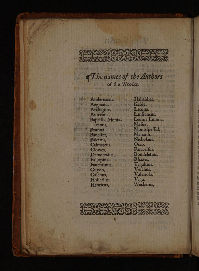 Henricus, Tee ‘ of this Woorke, lo’ Andernacus, Haliabbas, ). Acginata. Keble, , Archigine, Lacuna, Auidena, Lanfrancus, Baptifta Monta- «> Leuina Limnia eH)! tans, 3 Mefue. ptt. Branus. Montifpefful,. Banefter, ) °° + Manardi, ' Bakerus, Nicholaus, Calmeteus Occo, Clowes, Paracelfus, Democratus,. Rondeletius,. Fallopius.: -Rhazes, Fauentinus, Tagaltius. Guydo, Vefalius, Galenus, Valeriola, | : Hollerius, Vigo. Weckerus, a = i a ~~ est 2: —- — -—