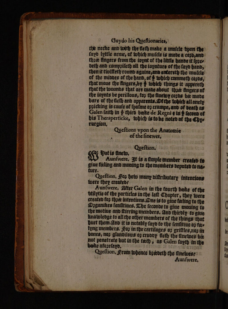 the necke and with the fle make a mnlcle pport the fayd Ipttle arme, of tobich mulcle is made a cozd, and: th2e fingers from the ioynt of the little bande it {p2ee beth and compzifeth all the iopnture of the fayd band, then it tivtifeth round againe,and entereth the mutcle: of the middes of the hand, of $ which commeth cords, that moue the fingers,by $ twbhich things it appereth that the twounds that are mabe about thse fingers of the toynts be perillous, fo2 the finewy cords be made bare of the fief) and apparents, Ot the tobich allonely pricking is caufe of fpalme 02 crampe, and of death as Galen faith in § third bake de Regni ¢ in $ fecond of bis Theraperticke, tobich is tobe noted of the bye rurgion, ME Queftions ypon the Anatomie ey of the finewes, | Queftion, 85 Dat is finety, hb tas : Aunfwere, 3¥€ is a finiple member: created-te giue feling and moning to the members deputed to nae ture. Queftion, Jfo3 botw many diftributary intencions Wwere they created: | Auntwere, After Galen in the fourth bake of fhe btilptic of the particles in the lait Chapter, they were created fo2 thee intentions. Dne is fo gine feeling to the D2gantkes enkitines. Lhe feconde to gine moning fo the motive and firring members. Gnd thirdly ‘fo gine Enoluvlebdge to all the other members of the things that burt them.Anod it is notably fayo to the fenfitive 02 fees ipng members. 3fo2 in the cartilages 02 griftles,no2 tt bones, no2 glandilous 02 crundy fleth the finewes bee hot penetrate but in the téeth , as Galen fapth in fhe bake afozefaypp, hele HF SCH CSG QIpHe Queftion, From thence bredeth the Cnetvess: