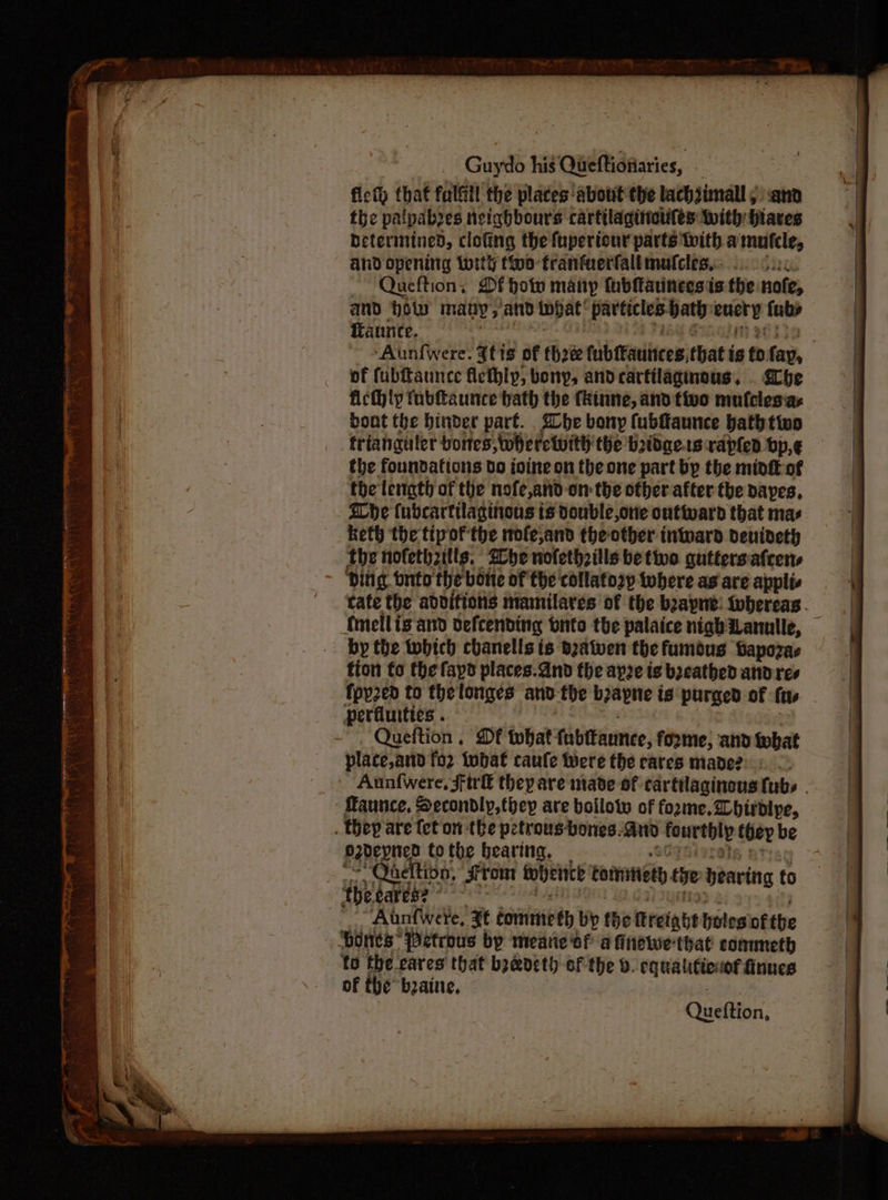 ficth that full the plates ‘about the lachjimall y and the palpabzes neighbours cartilaginetiles With hiaves Determined, clofing the fuperiour parts with a mufcle, and opening tity two tranfuerfall muflcles... buy Queftion, Df ho many fubfarneesis the nofe, and bow many, and inpat’ paveectits Hath: pep fubs Taunte. | | ‘Aunfwere. at ig of Bode fubteatiiices, that i is to. fay, of fubftaunce fiethlp, bony, andcartilagimous. he ficthly fabfaunce hath the fkinne, and five mufclesias bout the binder part. Abe bony fubfaunce bathttwo trianguler bores, wherewith the bidae1srapled byp€ the foundations do ioine on the one part bp the midi of the length of the nofe,and- on the other after the dayes, She (ubcartilaginons is double,orie outward that mas keth the tipof the wofe,and theother inward denivety the nofethzitls. Whe nofethzills betwo guttersafcens ‘Ditig. Onto the bone of the collatozp where as are applis tate the advifions mamilares of the beayne! twbercas. tmellisand defending bnto the palaice nighanulle, — by the which chanells is d2atven the fumous bapozas tion fo thefayd places.dnd the ap2e is breathed andres fpp2ed to the longes: anid the b2apne is purged of (us perfluities . Queftion . Df tohat fubttaunee, forme, and ivbat place,and fo2 tobat caufe tiere the cares made?) 2”: Aunfwere, Fir they are made of cartilaginous fubs . Faunce, Secondly,thep are boiloww of forme. Lhirdlype, . thep are fet on the petrousbones. and fourthly they be padepned to the bearing, ~~ Qheftion, srom fobence tomnmeth {oe bearing to the ares? ‘ “Aunfwere, xt commie th bp the freight holes of the of the baie, Queftion,