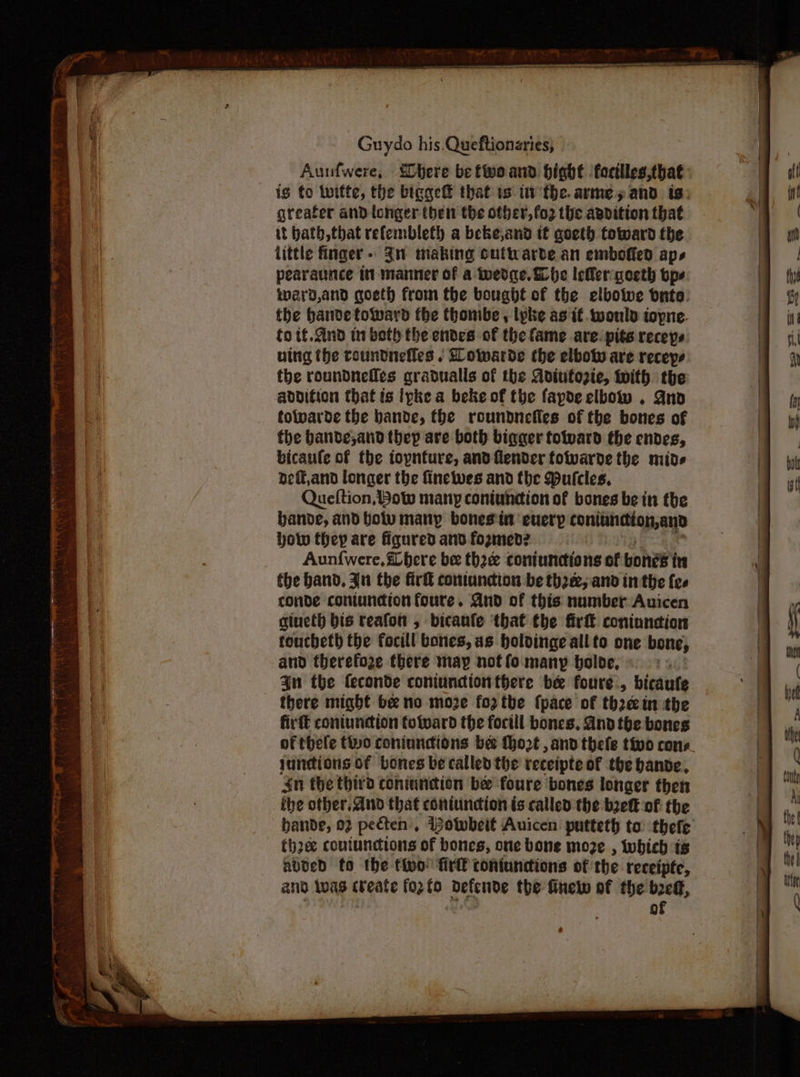 Aunufwere, SDbhere be two and. hight focilles,that is to Witte, the btegett that ts tw the. arme,s and is: greater and longer then the otber,fo thc aadition that it bath, that refembleth a beke,and it goeth toward the little finger - Jn making cuftvarvde an embofied aps pearaunce it manner of a wedge, Lhe lefler-goeth bps ward,and gosth from the bought of the elbowe bnto: the bande toward the thombe , lyke as it. would iopne. fo tf. and in beth the endes of the fame are. pits receyps uing the roundnefles , LLowarde the elbow are receyps the roundnefles gradualls of the Aviutozie, with the addition that is lpke a beke of the fapde elbow . Ano towarbde the bande, the rounbdnefies of the bones of the banbde,and thep are both bigger totpard the endes, bicaule of the topnfure, and fender folvarde the mide deft,and longer the finelwes and the Mufcles, Queftion, Bow many coniundion of bones bein the bande, and bolv many bonesia euerp contahditoy.ayp how they are figured and fogmed2 Aunf{were, bere bee thee coniuncions of bones itt the band. in the fir contuncion be the, and in the {ee conde coniundion foure. And of this number Auicen giueth bis teafon , bicaufe that the firft coniundion toucbeth the focill bones, as boloinge all to one bone, and therefoze there may not fo many bolde, . 4n the leconde coniundionthere be foure., bicaufe there might be no moze fo2 tbe {pace of theecin the fir ft coniunétion totvard the focill bones, And the bones of thefe two coniundions bee tho2t , and thefe tivo cone iundions of bones be called the receipte of the bande, in the third coninndion be foure bones longer then ibe other, ano that contundion is called the baett of the bande, 02 pecten’, 150whbeit Auicen putteth to thefe thee couiundions of bones, one bone moze , which ts avoed fo the tivo firl toniuncions of the teceipte, and Was cveate foz fo Ddefende the finelw of the bed, of