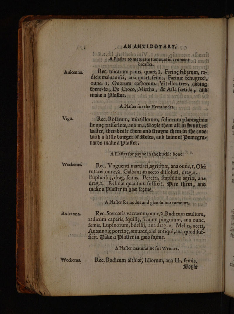 Vi £ Oe Weckerus, <Auicenna. Weckerus. (AN ANTIDOTARYS «3 breaftes,, . icis maluauifci, ana quart, femis, Farine fenugreci, there-to,: De Croco,;Mirtha , make a Plaller. tol se A Platter for the Hemrhodes. : Rec, Rofarum; mhittillornm, folioram plantaginis: lingue paflering,ana mx, Boyle them all in Suithes hards make a Pialer, A Platter for payne in thé huckle bone: Rec, Vnguenti martiaci,acrippe, ana ounc, I, Ole: rutacei ounc,2, Galbani in aceto difloluti, drag.2, Fuphorbij, drag, femis, Peretri, ftaphidis agriz, ana drag,1,, Refine quantum fufficit, Dire them, and make aPlaler in gonfogme sqe!- A Plafter for nodus and elandulous tumours, Rec. Stercoris vaccarum,ounc,2,Radicum caulium, radicum caparis, {quille, icuum pinguium, ana ounc, Auxungi¢ porcine, amurcz,olei antiqui,ana quod fuf- ficit, Make a latter tu gad forme. A Plafter maturatiue for Wennes, Rec, Radicum althix, liliorum, ana lib, femis, ; eat att aBoyle