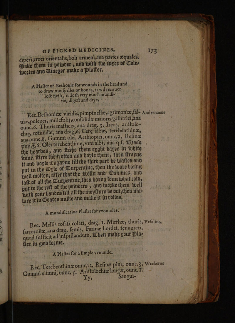 | a. e~ “ie © ciperi,croct Orientalis,boli arment,ana partes xquales, | qpatie then itt potpder , and tnith the tuyce of Coles | A Platter of Bethonie for wounds inthe head and to draw out {pelles or bones, it wil recouer-. _ ‘Jofe flefh, it doth very much mundi- fie, digeft and drye. © Rec Bethonice viridis,pimpinellx,agrimoniz,fal- Andernacus ulegei, millefolij,confolide maioris,gallitrici,ana ounc.$. Lhuris mafticis, ana drag, 3. Ireos, ariftolo- chie, rotund, ana drag,6, Gere albz,’ terebenthinz, anaounc,8, Gummi ole Acthiopici, ounc,2, Refinz pini.s.6, Olei terebenthing, vinralbi, ania q. Meole the hearbes, and tape them epght dayes int White inine, fire ther often and Boyle them, then Mrapne it and boyle itagayne till tbe third part be walted,and put in the Dyle of qurpentine, then the ware being iwell molten, after that the Rolin and Cummes, and laff.of all the Turpentine, then being fometwhat cold, put to the reff of the powders , and wo2ke then well With pour bandes till all the thoptture be out, then mae lare itin Goates milbe and make it tr rolles, © WiXyP A mundificatiue Platter for vvoundes, ° ” Rec. Mellis rofati colati, drag, 1. Mirrhz, thuris, Vefalius. farcocolle, ana drag, femis, Farin hordei, fenugreci, | quod fufficit ad infpiffandum, hen make yout Plas fier ins gad fozme. rine! , ‘A Plafter for a fimple vvounde, Rec, Terebenthinz ounca2. Refine pint, ounc.3, Weckerus Gummi climni, ounc, 5, Ariftolochiz longx, ounc. I. Yy. Sangui- i PS, 2 ee SNE . : Sr: i aii ei wits eatin ic x * me oh oe -.