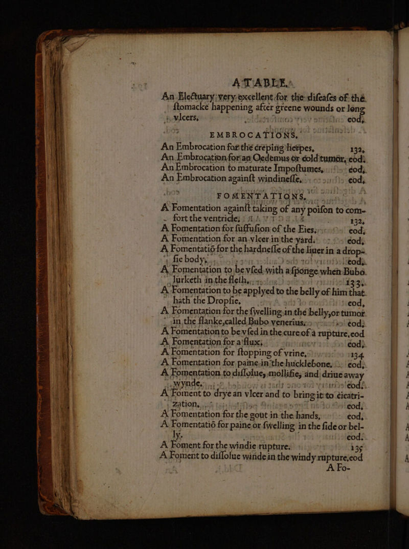 {tomacke happening after greene wounds or leng i, wlcers, oidancinas srivitas ‘eods : EMBROCATIONS, An Embrocation for the creping Hetpes, 132, An, Embrocation forian Oedemus or doldtumér, cod) An Embrocation to maturate Impoftumes, ».:!)» ¢od) An Embrocation againft windinefle..: o+ 91:1). eody FOMENTATIONS, 90°. A Fomentation again{t taking of any poifon to com- . fortthe ventride; AAV TOa12 232, A Fomentation for fuffufion of the Eiesss:°»' eod, A Fomentation for an.vlcerinithe yard.’ -> ‘dod; A Fomentatié for the hardnefle of the liuer in a drop-= she bodyy..5. <4) | | _Jurketh in,the fleth,,, ». _ hath the Dropfie. eod _ in, the flanke,called Bubo yeneriusy> » i>’ éod: A Fomentation to be vfed in the cureof 4 rupture,cod A. Fomentation for a'flux; nev cod, A Fomentation for {topping of vrine, 134. A Fomentation for paine,inithe hucklebone, -.€od; A Fomentation.to diffolue, mollifie, and driue away “wynde. A Foment to drye an vicer and to bring itrto ¢icatri- ZATIONS 0% tues heat thy O~ eod, A Fomentation for the. gout in the hands, eod, A. Fomentatié for paine or {welling in the fide or bel- ly eod. A Foment for the windie rupture. 135 A.Foment to diflolue winde in the windy rupture,eod : A Fo-