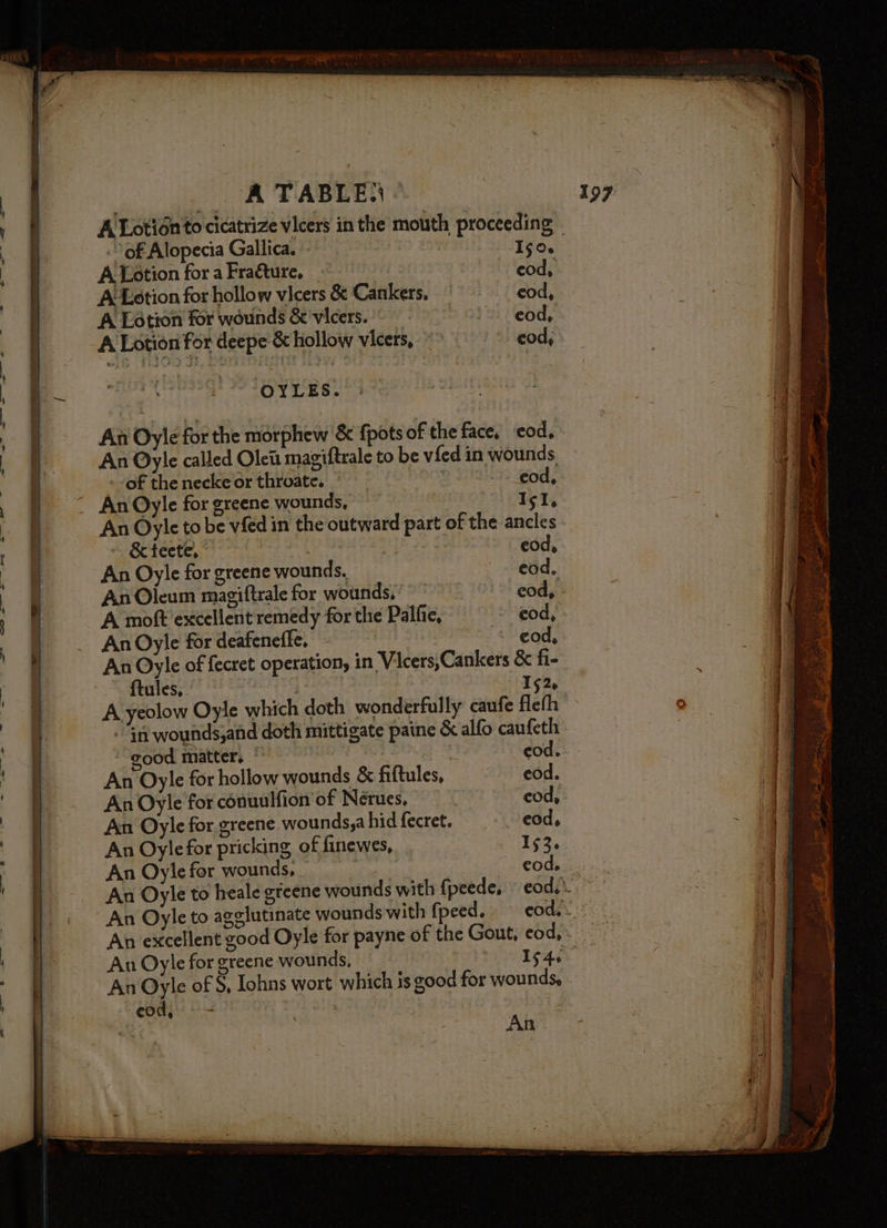 133 A TABLE. © A Lotion'to cicatrize vicers in the mouth proceeding - of Alopecia Gallica. - | Iso. A Lotion fora Frafture, | cod, A Lotion for hollow vicers &amp; Cankers, cod, A Lotion for wounds &amp;'vicers.- \ eod, A Lotion for deepe &amp; hollow vicers, eod, ‘OYLES. An Oyle for the morphew &amp; fpots of the face, cod, An Oyle called Olett magiftralc to be vied in wounds «-of theneckeorthroate. --eod, - An Oyle for greene wounds, ART, An Oyle to be vied in the outward part of the ancles ~ &amp;tecte, | . eod, An Oyle for greene wounds. eod. An Oleum magiftrale for wounds,’ °° eod, A moft excellent remedy for the Palfie, - eod, An Oyle for deafenefle. - “* eod, An Oyle of fecret operation, in Vicers;Cankers &amp; fi- ftules, ‘ 152, A yeolow Oyle which doth wonderfully caufe flefh - “in wounds,and doth mittigate paine &amp; alfo caufeth gsood matters | cod. An Oyle for hollow wounds &amp; fiftules, eod. An Oyle for conuulfion of Nérues, : cod, An Oyle for greene wounds,a hid fecret. eod, An Oylefor pricking of finewes, 153. An Oyle for wounds, | eod, An Oyle for greene wounds, 154. An Oyle of S, lohns wort which is good for wounds, eod, = - | | | An