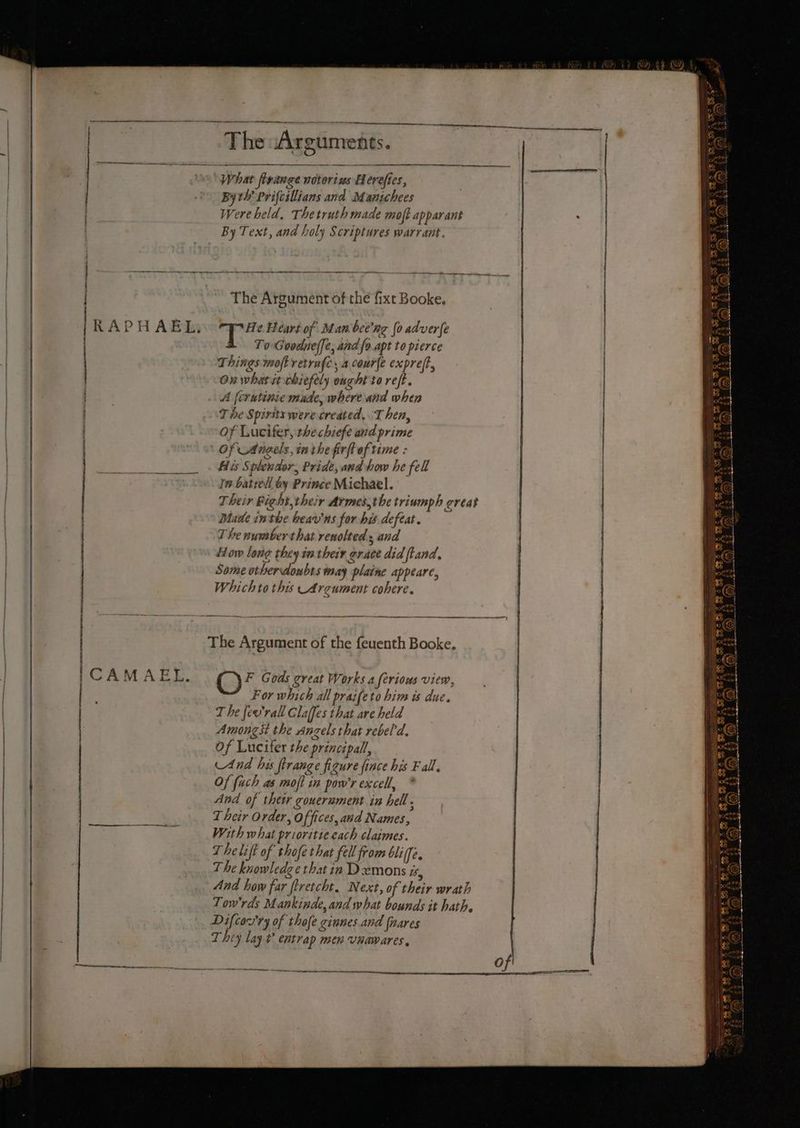 ae rnc tye moe oe ca eideieetinemneneadememeaaenemendetahiidemmetnteen Se aah The Arguments. RAPHAEL) CAMAEL. The Argument of the fixt Booke, He Heart of Man bee'ng {0 adver{e To Goodnel[e, and fo apt to pierce Things moftretrafe, a cour{e expreft. On what it chiefely onghi'to reft. A [crutinie made, where and when The Spirtts were created, \T hen, Of Lucifer, the chiefe and prime Of Angels, inthe firft of time : His Splendor, Pride, and how he fell In batrell by Prince Michael. Their Bight,their Armes,the triumph creat Made inthe heav'ns for his defeat. The number that renolted, and ow lone they in their grace did ftand, Some otherdoubts way plaine appeare, Which to this Argument cohere. The Argument of the feuenth Booke, F Gods great Works a feriows view, For which all praifeto him is due. T he fee'rall Claffes that are held Amongst the Anzels that rebel'd. Of Lucifer the princzpall, And bis firange figure fince his Fall. Of {uch as moft in pow'r excell, And of their gouerament in hell : T heir Order, Offices, and Names, With what prioritie cach claimes. The lift of thofe that fell from bliffe. The knowledge that in Demons ts, And how far firetcht. Next, of their wrath Tow'rds Mankinde, and what bounds it hath, Difco~'ry of thofe ciunes and {nares They lay t entrap men Unawares, E $REE- 53 poe