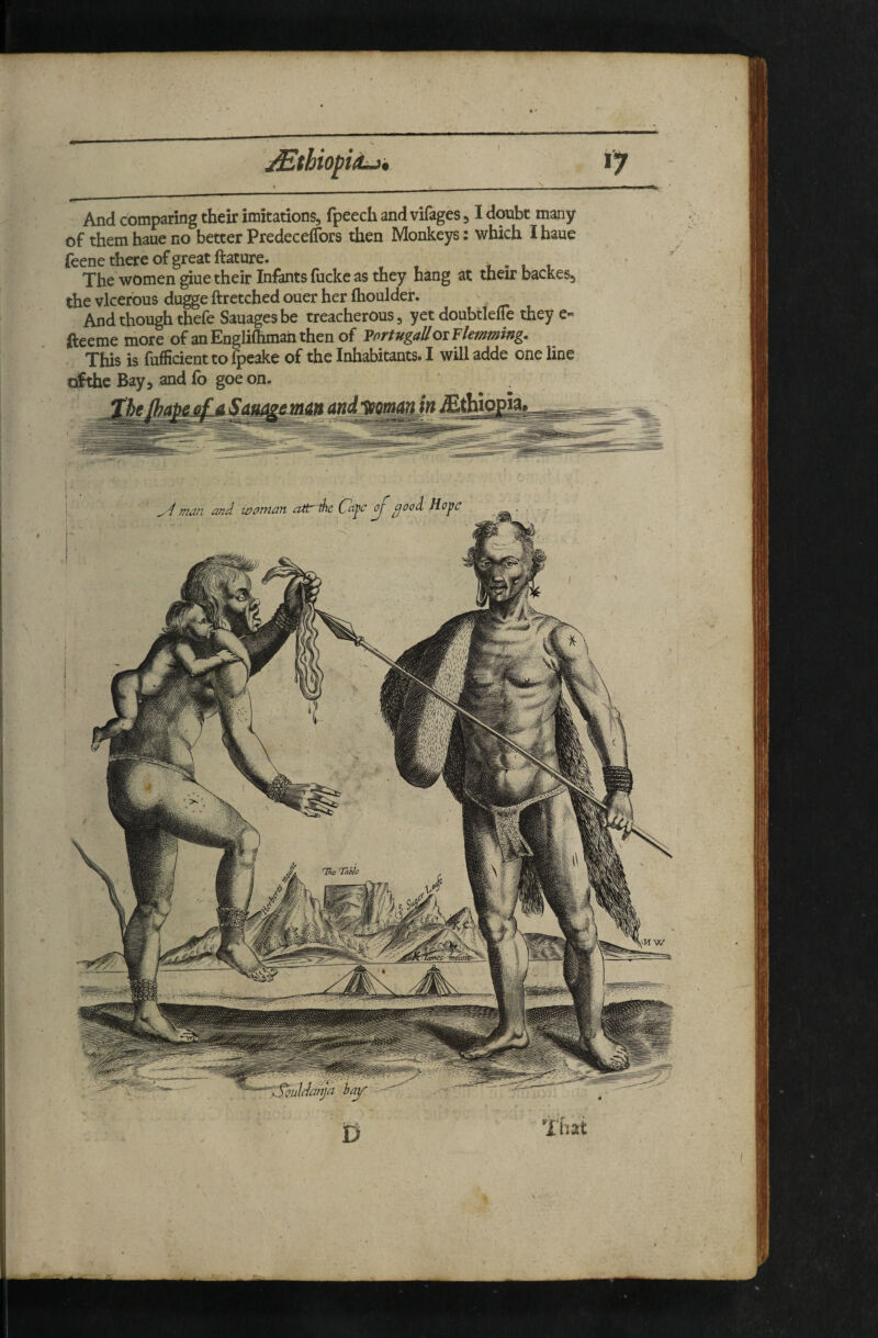 jEtbiopiiLji, And comparing their imitations, fpeech and vifages, I doubt many of them haue no better PredecefTors then Monkeys: which Ihaue feene there of great ftature. , . . i The women giue their Infants fiicke as they hang at their backes, the vkerbus dugge ftretched ouer her ftioulder. And though thefe Sauagesbe treacherous, yet doubtlefTe they e- fteeme more of an Engliflimah then of VortugaUor Flemming. This is fufficient to ^eake of the Inhabitants. I will adde one line dhhe Bay, and fo goe on. vmd^^in jEthiopi^ y man and wattian ^good Hope