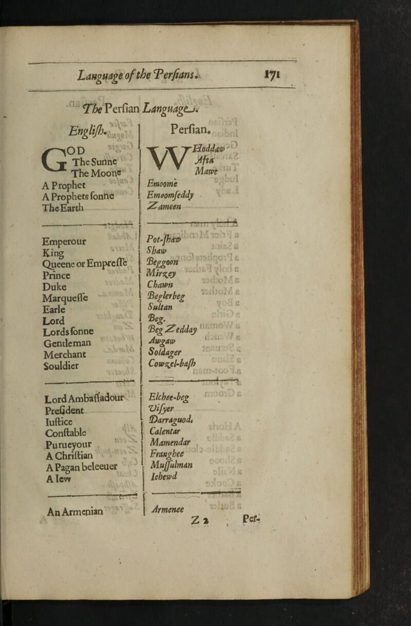 ' TheV tx£\3n Languagih^ 1 f Perfian, . /^OD 1 f X TheSunne ' The Moonc A Prophet '‘ A Prophets fonne The Earth V V ~ ^ Mam Emoome Emoomfeddy ' ^ ^ Zameen — 1 - ■ ^ Emperour J King QueeneorEmprefle , Prince Duke Marquefle Earle ' Lord ^ Lords fonne y ' Gentleman ' , ' Merchant - Souldicr ' ; \. iC)'-'' r _ __ Poupxm '^ ■ Sh^w ; Mir^ey ; Chawn ‘ ■ '^eglerbeg ^ Sultan ' ^  *' Seg Zedday Jwgarp Soidager Cow^el^ta/h ' ’ ' ^ r },' i: ' O O *1 »f > --i- Lord Ambaffadour - Prefident luftice Conftable Purueyour , AChriftian ^ APaganbeleeuer Alev? _.'■v tii f^ •■> “t? Elchee^beg Vijyer ~ - i ^maguodi Calentar I ' V ‘ Mamendar , ^ ' Eranghee ' . Mujfultnan ‘jr  lehewd ^ 1 — An Armenian \ Amenee Pet