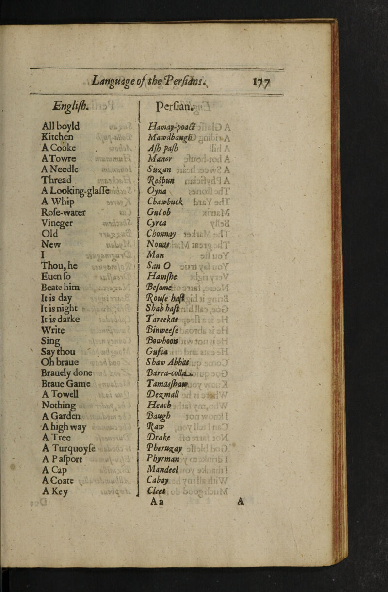 All boyld Kitchen ■ - -tjU'v \ % , - i A Cooke ATowre A Needle Thread . A Looldng-glafTe ,‘A>/ A Whip Rofe-water .. ^ Vineger Old New I r J ^1* ^ ■- t' Thou, he Euen fo Beatchini' It is day It is night n V \ ■' r ,-‘1 ' t '■  ** ' ,.' *■ It is darke ... .*- ^ •«« .' Write , . f ♦. *' . ■ ■ '«t. Sing , , f ^ • Say thou /, A V; ' ■-> '• • < . ■ ' On braue Brauely done •>> I . - .. Braue Game ATowclI . n,v^ ' Nothing * A c .. , 'v A Gtarden 'A high way ' ^ A Tree A Turquoyfc i. A Pafport A Cap ACoatc A Key / Hamay-poaSi^i . ■. I-) A MawdbaugBj ^ A Afhfajh Hi d A Manor dJr/cd jod A Su^an A ^Ipun tjBiiHvdd A Oyna \ wio^l jdT Chawbuck L’tsr t>HT Gnlob xniftM Cyrca Chonni^ : ;{T NouashfilA 3Js:<iG wJT Man ti l roY San O 'roVi ij oY Hamp7c v ^e/omt. fn.ui \A ^ou/e ha(i. ;‘>id n v. v d slab baft Ad Ik Ypo£) T'areekoiS'^ ■;. .M Sinweefe .i.o'idk r ;; H !Bowhoonn \pi f v>H Gufta \ ^ ^ ^ . ii Shaw Abbas'up ■ )' ^arra-colIau>^:^D Tam(uJhawuo{ S)esimaU *'A ci Heach ^ ’ ' A' ^au^h 3o.a I ^W ikYaX: S)rake -toxi£r r; H ^heru^ay uTl^i ' nn.) Pbyrman ■nl) t Mandeel > / . i ? j Cabay ritiV/ Cleft j o b J •' ■• U i ^sf: