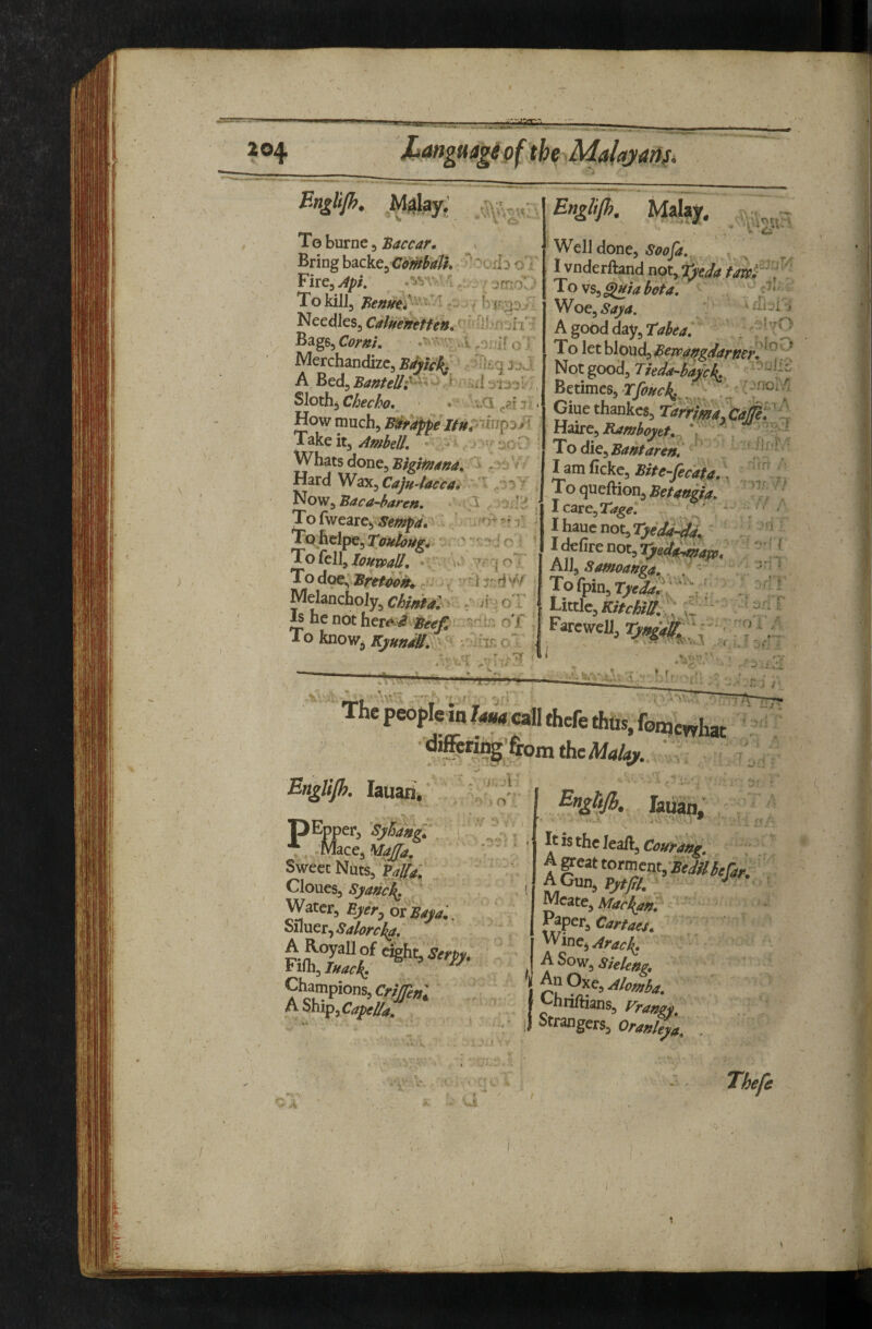 > ■ 204 En^lijh. I^lay; To burne, Baccar, ^ ' Bringh^izkQ^CoMalh 'orb 61 i■ 3rr;o'' To Idll, , •• b Needles, CalueWettett,' t'i Bags, ComL •: >1 o ' Merchandize, Bdykf^I >I}^q a j J A Bed, Bantell'^^^ r 1 >il • , Sloth, Checho, • * How much, B^fdppe Take it, Ambell, • ^ap v Whats done, i , j > Hard V^^’K^Caju-lacca* ' .'^i' Now, Baca-baren. ,5 > * To fweare^ Set?^a. Tx)helpe,r^^/^W- Englijh. * Well done, I vnderftand not, t^tda '^ovs^G^iabeta, W oe. Say a. * j Agoodday,r</^^f^. ^ T o let bloud, Bevp^gdarmrl ^ ^.: Not good, Tkda-baycL Betimes, rConck ' ^ C-noi.^ Glue thankes, Tarnm, C#.' ' Hairc, Ramboyat,. To die, Bantaren, ^ ' I am ficke, 2 ‘ To queftion IcarCjTdg:^. Ihauenot,I>ed5i-<&; Alljj ToTnin ■ f < ■or>'] Tofell,&w, . 7: -, o I AH, Tod9e,irr«<v^,, v-ir d'/./ TofpinjTwjSf?.' -.'. Melancholy,, jr.;oi I Little,KitchiB. ' ’■ jU henotherAiS iSegf: oT Farewell, ToknoWj/rr**^,'O , .‘wo- L ,.. - 'Sf 6 i - t.”*' ‘ V.‘- . * “^ ■ . f En^lijh. lauaii, P'\ Epper, Syhang^ Mzct.Majlfa, Sweet Nuts, Clones, Sya»ci{, ' Water, Eyer^ ox ^ayai. Siluer, Saloyc}^, Champions, Crmnl A ^'cCv^iCapeUa. '‘‘S^caccormci A Gun, VytlH. Mcate, Machan, P/Pcr:c.»a». ^^Eiti^AyacJ{, sieleag, f Jr^nftians, r iJ S^f^gers, Thefe