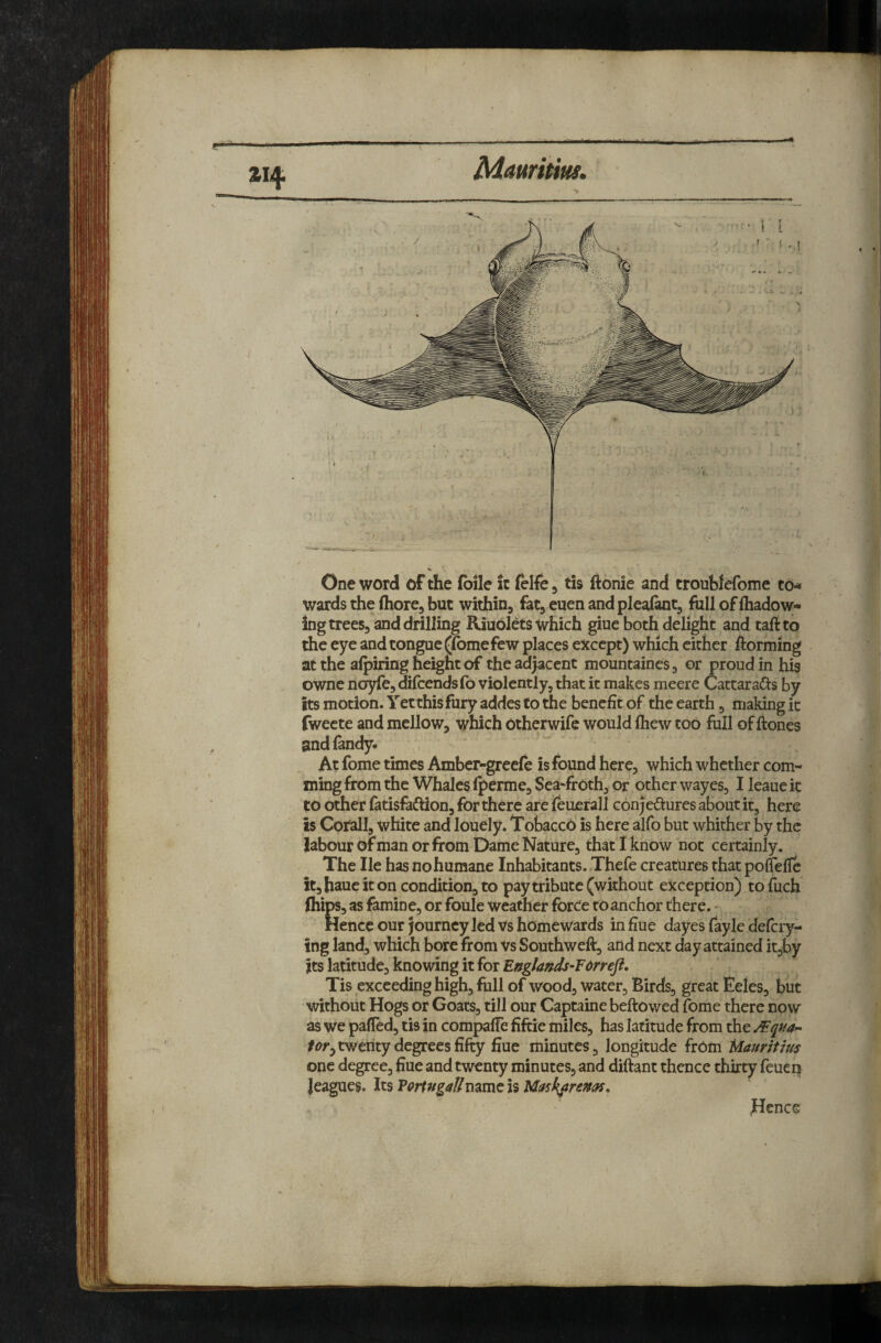 One word of the foile it felfe, tis llonie and troublefome td-» wards the fliore, but within, fat, euen and plealant, foil of fliadow- Ing trees, and drilling Riuolets which giue both delight and taftto the eye and tongue (fomefew places except) which either forming at the afpiring height of the adjacent mountaines, or proud in his owne noyfe, difcendslb violently, that it makes meere Cattarads by its motion. Yet this fury addes to the benefit of the earth, making it fweete and mellow, which otherwife would ftiew too full of ftones andlandy- At fome times Amber-greefe is found here, which whether com- ming from the Whales Iperme, Sea^froth, or other wayes, I leaue k to other latisfaftion, for there are fenerall conjectures about it, here is Cofall, white and louely. Tobacco is here alfo but whither by the labour of man or from Dame Nature, that I know not certainly. The He has no humane Inhabitants. Thefe creatures that polfefie it, haue it on condition, to pay tribute (without exception) to fuch (hips, as famine, or foule weather force to anchor there. Hence our journey led vs homewards in fine dayes fayle defery- ing land, which bore from vs Southweft, and next day attained it,by its latitude, knowing it for Englands-FOrreJi. Tis exceeding high, foil of wood, water. Birds, great Eeles, but without Hogs or Goats, till our Captaine beftowed fome there now as we paired, tis in compalfe fiftie miles, has latitude from the twenty degrees fifty fiue minutes, longitude from Mauritius one degree, fiue and twenty minutes, and diftant thence thirty feuen leagues. Ix.^VoringaUmm^n Pence