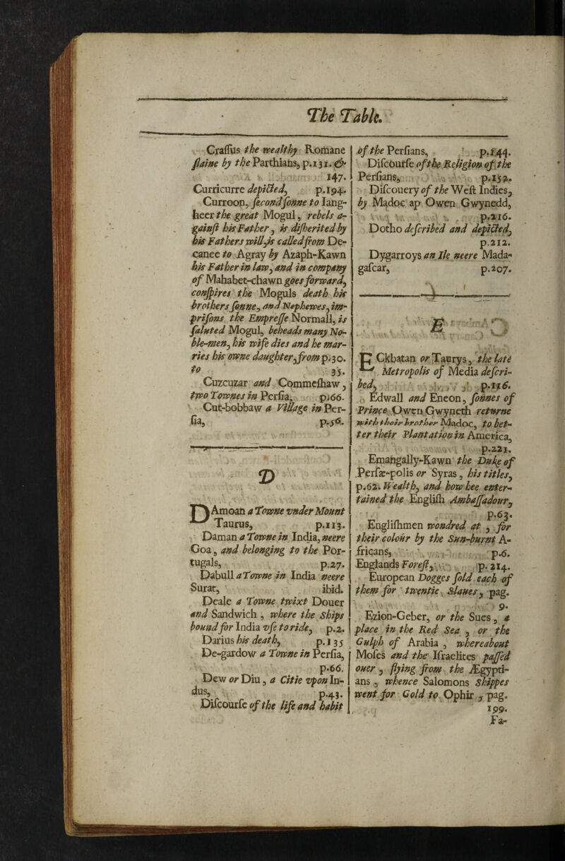 t»tmA The Table, CrafHis the wealthy Rortiane Jlame by the Parthiafas, p. 131. ‘ ■ -V 4 - ^ ,r 147. Cmncmit depi&edj p.194. Cunooviy feco^dfome to lang- heet:the great Mogul, rebels gamfi hk f ather y k dijherited by hk Fathers vpillyk calledfiom De- canee Agray by Azaph-Kawn hk Father in lawy and in compat^ of Mahabet-chawn goesforwardy con^ires the Moguls death hk brothersJonney a»d Nephewesy i/n- prifons the Normall, w fainted Mogul, beheads many No-- bk-^eny hk wife dies and he mar^ ries hk ovone daughteryfromp^io- to ' rj'j. Q>mz\xiJ3iT and Commclhaw y two Townes in Perlia; ^ . pj<56. Cuc-bobbaw a ViUage in^^x-^ \ fia, P‘5‘5.* ^ • ' W ' TA Amoau a Towne vnder Mount Taurus, p*ii3* • Daman a Towne in India, neere Goa 5 and belonging to the Por- ^ugals, p.27, Dabullin India neere Surat, ,ibid. Deale a Towne twixt Douer and Sandwich , where the^Ships bound for India vfe to ridcy p.2. Darius hk deathy p. 13 5 Dc-gardow a Towne in Pcrfia, p.66. Dew or Diu, a Citie vpon In- dus, Difcourfc of the life and habit .of the Perfians, / p. r:4^. DifcOurfe oftheRejigion ofitlx Perlkns, \ ^ p.i5^. Difcouery Weft Indies, by Mi^doc ap Owen Gwynedd, . C'4 U ,p.2l6. DotTio defcribed and depicledy p.2I2. Y^yg2Lnoy% an Ik neere Mada** gafcar, p.207. P Gkbatan c^/Taurys, the late . Metropolk of defcri- ' s '.’bj./ i jr o Edwall and Eneon, fonnes of ’P/’/^?^^^.p^wen..Grwyneth returne wish fhotyirofiney Madoc, tO bet-* ter their Flantatipnin hm^mcgi^ .'vAi’.’v ' p«a2}, Emahgally-Kawn'Duke of .Perfas-po]is or Syras, his titlesy p*62i Wealthy and how hee enter-- tainedthe Englifti Ambaffadoury '' . P*63« Engliftimen wondred at , for their colour by the Sun-burnt A- fricansj ' . ^-6. Englands Forejlywc. ■, ip. 214. European Dogges fold each of them for ' twentie .^ Slauesy ;pag. . V. ■ ’ 9. Ezion-^Geber, or the Sues, a place in the Red Sea , or the Gulph of Arabia , whereabout Mofes Ifraelites pajfed ouer y flying fiom> the iEgypti- ans , whence Salomons shipper went for Cold /<?vOphir pag» , Ip9. Fa