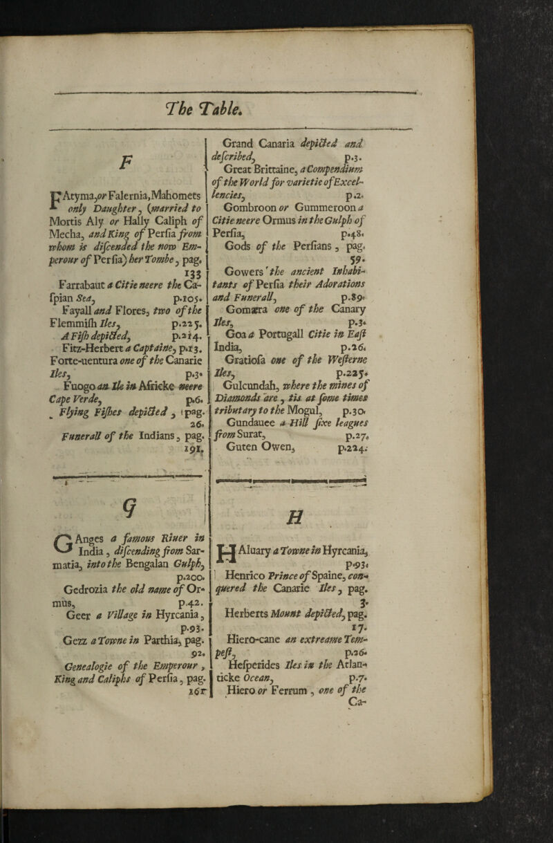 FAtyma^o/'FalerniajIVlahomets 1 lencies. only Daughter y {^married to Mortis Aly or Hally Caliph of Mecha, and King ofVci{\2Lfrom xehom is difcended the now Em- per our of Per fia) her Tombe ^ pag. Grand Canaria depi&ed and defcribedy p.3. Great Brittaine, a Compendium of the World for varietk of Excel- 135 Farrabauc a Citie mere the Ca- fpian Stay p.i05. Fayall/^«i FloreSj two of the Flemmifh p.22y. A Ffjh depiaedy p. 2 i 4. Fitz-Herbert a Captainey p*r3. Forte-uentura one of the Canarie iksy p*3* Fuogo an^ Ik itt Africke mere ] Cape Verdoy p.6» Flying Fijhes depi&ed y ipag* fuaerM of the Indians , pag. 191, 9 GAngcs a famous Finer in India, difcendingftom Sar¬ in atia^ into the Bengalan Gnlphy p.2oo» Gcdrozia the old name of Oi* mils, P42. Geer a Village in Hyrcania 5 P-93* Gezz aTownein Pitfdiiaj pag. 92. Cenealogie of the Emperour , King and Caliphs (^/Perfia, pag. \y p .a. Gombroon 4?/* Gummeroon</ Citie mere Ormus in theGulph of Perfia, p.48« Gods of the Perfians 3 pag. 59- Gowers ancient Inhabi¬ tants <?/Perfia their Adorations and Funerally p.Sp* Gomaera one of the Canary lles^ p.3* Goa a Portugall Citie in Eaji India, p.ad* Gratiofa one of the Wefterne iksy p.225* 1 Gulcundah, where the mines of Diamonds 'are, tis at fame times tributary to the Mogul, p. 3 o* Gundauce a Hid fxe leagues fiom Surax^ p.276 Guten Owen^ p*224.* H pj Aluary a Towne in Hyrcania^ ^ P*P3< ] Henrico Prince <?/Spaine, con^ quered the Canarie Ilesy pag. Herberts Mount depi&edy pag. *7- Hiero-cane an extreame Tem- pefly ' p.25- He^erides lies in ths AtIan-» ticke Oceany p.y* Hieroi?/* Ferrum , one of the Ca-