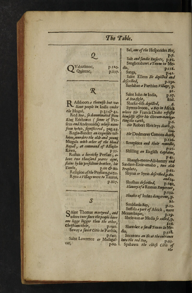 <L Q Vabutimoc, Quinzacj p.uo. p.i37* % I O Afliboots a theeifijh hut liant peopk in India vnder the Mogul, p. 1 i.e^ 42. Red Sea, fo denominated from King Erithrseus ( fonne of Per-* feus and Andromida) vphofe name from *fv^^U^figniJjesredy pag.25. Regia-Bander an exqnifite vil- laine^murdeTs the olde and young Moguls with other of the bloud Royally at command of Allaph** Kawn, p 35. Ruftan a heroicke Perllan ^ a- hone two thoufand yeares agoe^ flaine by his perfidious brother^ his Tombcy p.6o 80. Religion of the PeiiianSjp,! 52. , Ryna a Village neere to Taurus, p.107. C Aint Thomas martyred ^ and ^ where euerfince the people hane one legge bigger then the otherj Chriflians theirj p.190. Saway a fweet Citie in Parchia, ^ p^r^Ot Saint Lawrence or Madagas¬ car, p.2o. Sal, one of the He{|)crides Tles^ p.7. Sale and fandie Deferts^ p.9 x* Sangherabawt a Towne in Mc- ^*^5 ' p.izs. Sanga, p*42. Saint Ellens tie depi^ea and defer ibedy p.ijo* &rdahan a Parthian Village^ p, 91. Saint lohn in India, P-^y. A Sea-fighty ibid. Sharke-filh depiUed^ s. Syerra-ledon, Afirick where Sir Francis Drake refrejht himfelfe after his Cirenm^nanigyt^ tingthe earthy Sir Robert Sherleys deatL p, I <24. Sir Dodmorcs Cottons deaths p.I26. ^ - Scorpions and their remedies, I- Shilling an Englifli Captaincy Of P 45* Shaugh-meer-All-hamzy and Sandant-Emir-amaho, two olde Prophett, p.gj, Shyraz or Syras defcriiedjp.60. and 6^, deferibedy p-^40. SlaUeiyefaKommEntptrojirl P*I32. j Shoales of lad^a dangerousy p. ar® 1 SouldaniaS^;^ p.23, Soffkla apart ofAfrkk , neere Mozambique, p.jp, Sheir-uan or Media fo calledy p. Sbawdee a fmaU Towne in ^e- ^^5 p.iiS. Socotora an Ik at the entrance into the red Sea^ ^,2^. Spahawn the chhfe Oik of the