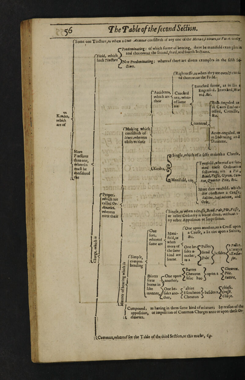 rSomc one Tinfturcjas when a Coat Armour coi^fiacth of any one of the AIc/«.f,Coii/Mn.or fai'-e.ondy; Predominating: of which forme of bearing, there be manifold exan pits ia ^nA f-hr*!nuvniif the fccond.thirdiandfourth Seftions, _ ‘eaomtnaiifig: - - -- , X and thoiowout the fccond,third,and fourth Seftions. f Field, which J ^ vvhereof there are divers examples in the fifth Sd* ^h*n. Kxadesj which arc of - i 'Accidents, fRightnefle,aswhen they arc evenly can u • cdthorowuut the Field.' ^ r i r Bunched forme, as in lin Crooked - --y which are Snes, when thek ioffome . 1 are' t ^ I ^ UllWtavx* . - Engraihd, Invecked,Wa-t; ved>&c. \ L' More TinSlum than one, wherein muft be confidered rke . L .. T TRed- Angtiled, as; *■ ' •'in Casts Embat-i tellcd, Ciencllc, ^ c TMaking tfhich confifteth of ^ //BCXjwhercin obfciYc their Ccornercdj, # * Acute-anguled, as; mlndervting ani' Dancettc, : fSinglcjWhichofit (clfe maketha Cheefe. /• I ^CKindcs, I. .«• 4 ’Prt^er, which are called Or> e. dinarieU wherein note their • i Twofold .whereof a.re for-{ med thefe Ordinaries: following, vix- a P</1 , BendtP’eJTe, Gyron, Can^- Manifoid, tot/^^arter-Pile, See, I^ore then twofold, wh'ch I doe conftitucc a Ciofle, Saltire,IneMchm, and C. Ork, rSinglc.as when a CTofe,Betid,Palf,Plle,Fefe, or other Ordinary is home alone, without a* ny other Appofition 9^ Impofition. /One fort, ^ whereof fomearc rs imp le^ ' compre- bending | rOne upon another,as a CrofT upon Mani- j » Crolfc, a Sa tire upon a Saltire, fo!d,as j when , more of ^ Qne be* f* Pallets. Pauct. the fame kind are borne. >'^“'1 Cbcfui«,>‘EX‘ ‘^>Palc ( / fes. ' Cheuron, I CBarrcs ^ ^ Cheuron >upon a ^Pile. Divers {-Oncupon'Sgj. ^ f Isattae. forts •^.another, ^ j borne in J ^ • r like N One be- ^^altire ^ Cchie/e, taanner.^fides ano- < E fcoclieon > befidcs * Uther, C Cheuron J . ^Cnirje. s / Compound, as having in them fotne kind of mixturei by reafon of the J appofition, or impofition of Common Charges unto or upon tbclc wr* 14 dmries. LCcmmoi^vyhcrcof fee the TaWe of the third Seftion,at this markf, 6g.