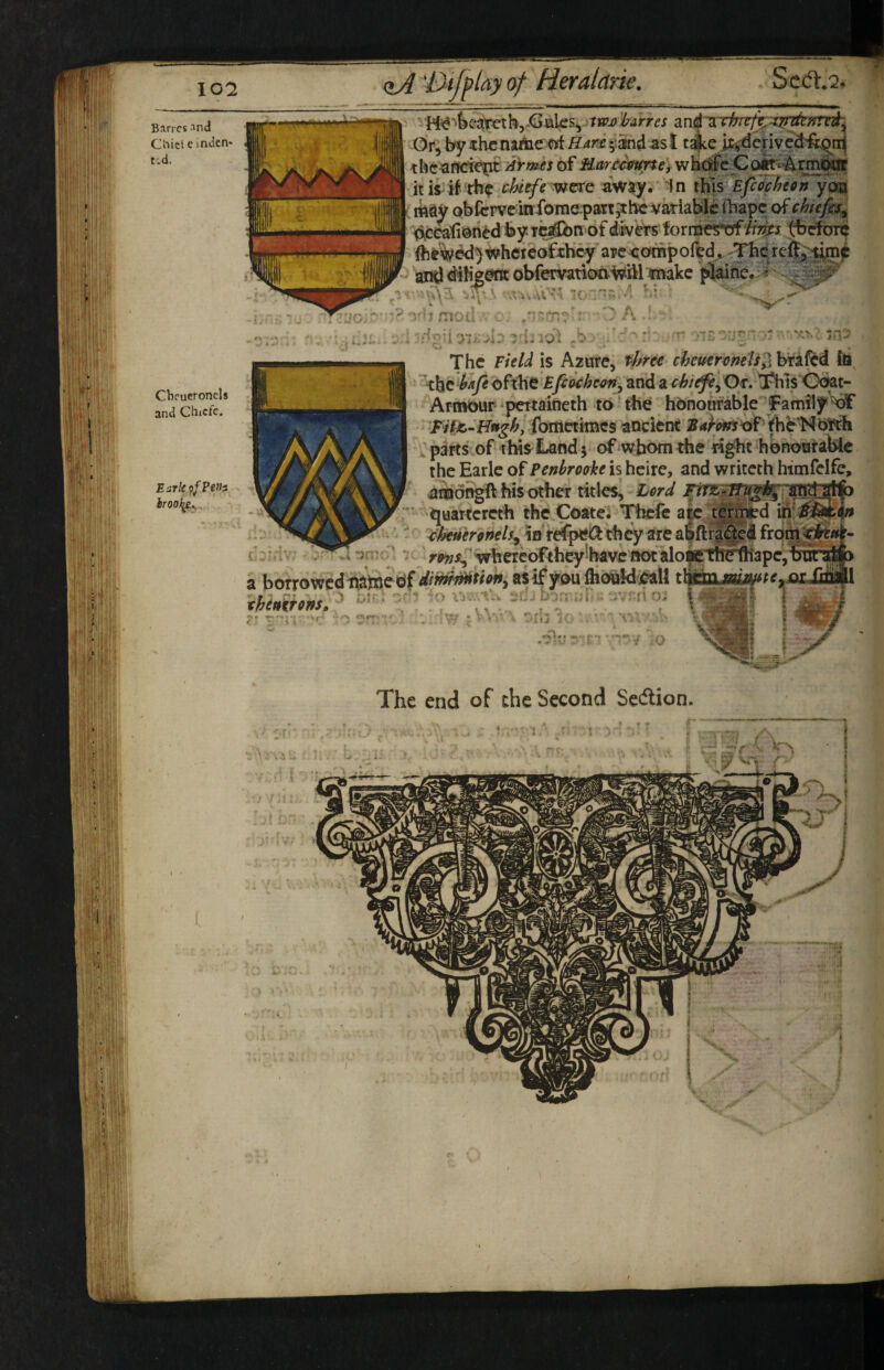 Ban cs and Chid e inden* t:d. Cbcucronels and Chicfc. E ark Pent hroo^.^. i}J Difflay of Heralarie. vir^ chiefe wexe dyfty. in i\\\s Efcocheon yota ikdy obfcrve krfotnapart^ihc variable fhape of chiefs t* ,t2.rir '' ^ ^' ^\ »-Si ^ >:h ncnl.v o_ The Field is Azure, f^^ree chemrwe'h^i brafed WichyeofxhtBfidche^y and a chiefCyOx, t^is G^t- Armour pettaineth to ‘ the honourable Family^ Tiffe,-H»gh,fomctm^5 ancient Sahotrs^f'fhhl^'o'F^ L parts of this^Land 5 of whom the right honourable the Earle of Penbrooke is heire, and writeth himfclfe, acoongft his other titles, Lcrd jptz^TTu^ 'iquartcreth the Coate; T^cfc ak teritiied ‘ - ^htiiertnels^ intctpei^l they are a|ftr|^cd fro^^^^- ' r&nsf %h ercofth(^^have iK)t aloae 01^^* » , ^•y f— — ' xhettihns. .O.. n /“•^7 o The end of che Second Sedtion.