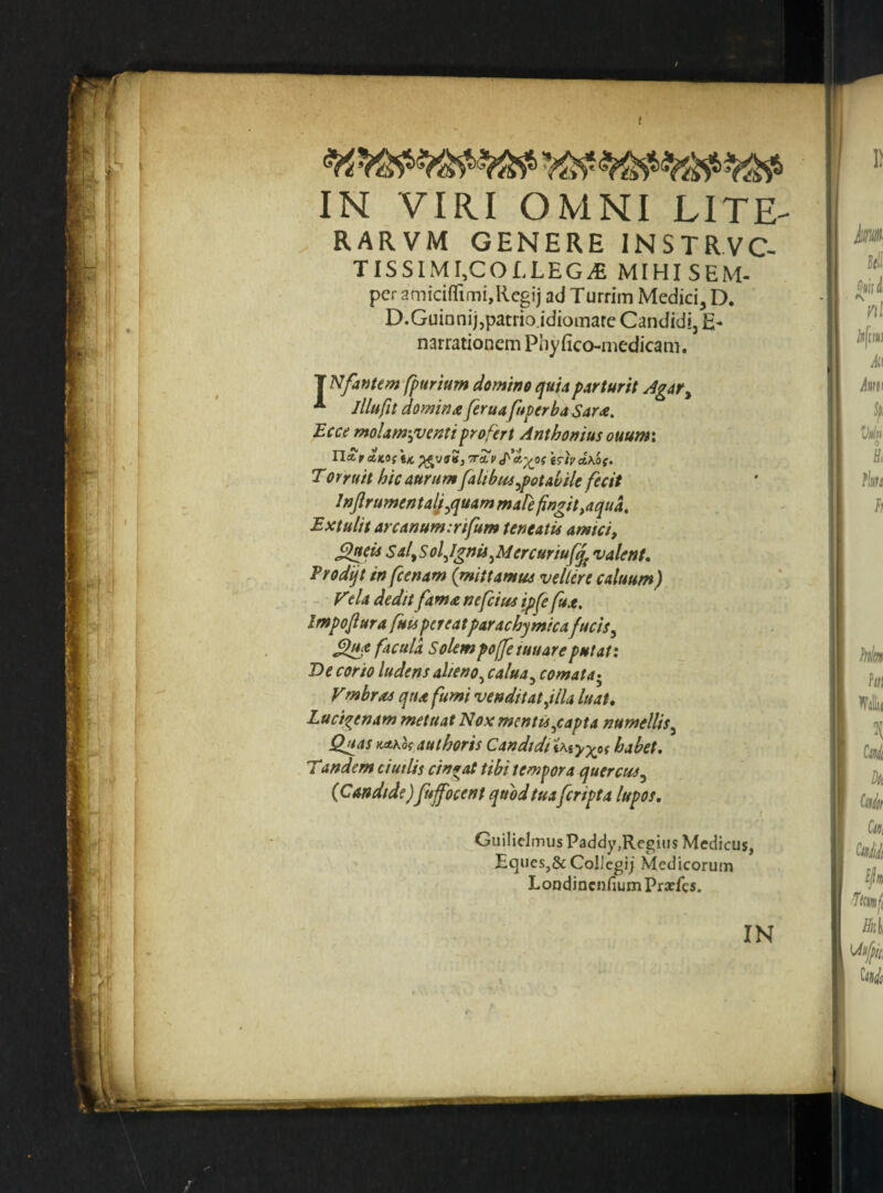 f IN VIRI OMNI LITE RARVM GENERE INSTRVC- TISSIMI,COLLEG^ MIHISEM- per amicififiaiijRcgij ad Turrim Medici, D. D.Guionijjpatrio.idiomarc Candidi, E- narrationem Pliyfico-medicam. T Nfantem fpurium domin$ quh parturit Agar^ *■* Jlluftt domwa feruafuperbaSar<ie, Ecce moUm^^vemiprofert Anthonius ouum: n* r aK.o{ tK <fa^o{ «r/V ctAof. Torruit hic aurum faltbus^potabile fecit Inflrumentalj^quam mafe fingit,aqua. Extulit arcanum:rifum teneatU amici, S^eis Sal,Sol,Igrtii,Mercurtufq^ valent. Prodijt in fcertam {mittamua vellere caluum) Vela dedit fama nefcim ipfe fua. Impojl ura fuu pereatparachymicafucis ^ ^ua facula Solempoffe luuareputat: De corio ludens alieno^ calua^ comata• Vmbras qua fumi venditat fila luat. Luctgenam metuat Nox mentis^capta numellis^ Quas KAKk.authoris CandidiiMyyj>i habet. Tandem c i udis cingat tibi tempora quercus^ {Candtde) fuffocent quod tua[cripta lupos. Guilielmus Paddy,Regius Medicus, Eques,& Coliegij Medicorum LoDdincnfium Pra?fes. IN