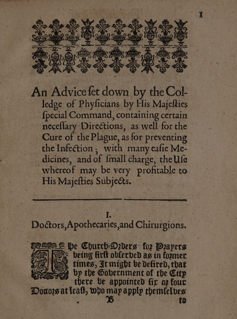 eeseeegeg Srhssetets ‘An Advice fet down by the Col- Tedge of Phyficians by His Majefties {pecial Command, containing certain neceflary Directions, as well forthe Cure of the Plague, as for preventing — the Infection, with many eafie Me- - dicines, and of {mall charge, the Ufa * whereof may be very profitable to His sa ca Subjects. | I. set Doctors Ae and Chirurgions. pecans be Church-Deders- foe Prayers Pie: being firl obferded ag in foxmer LGN. times, It might be defired, that oro bp the Government of the Citp ~, there be appotnted fir o2 four a at fe who B apply bagnanye