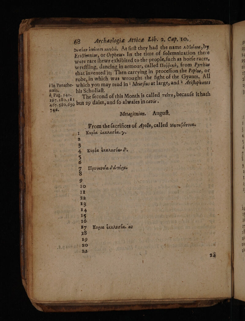 sualay exbinos xorys Ar firft they had the name AStdue, by Evitihonins, ot Orpbews In the time of folemnization there were rare (hews exhibited to the people, fuch as horle races, wreftling, dancing in armour, called Muppsxn, from Pyrrhus ehatinvented it; Then carrying in proceflion the Peplw, or robe, in which was wrought the fight of the Gyants, All nzis. his Scholiaft. The fecond of this Month is called retrn, becaufe ithath 746. Metagitnion. Auguft. _ From the facrifices of Apolle, called meufetrvies Kupla enxancla.y. Kupia xxanciae de Ti puzupel ee Sd reeds © ON Aub vw Nr Kugie exxang beer as
